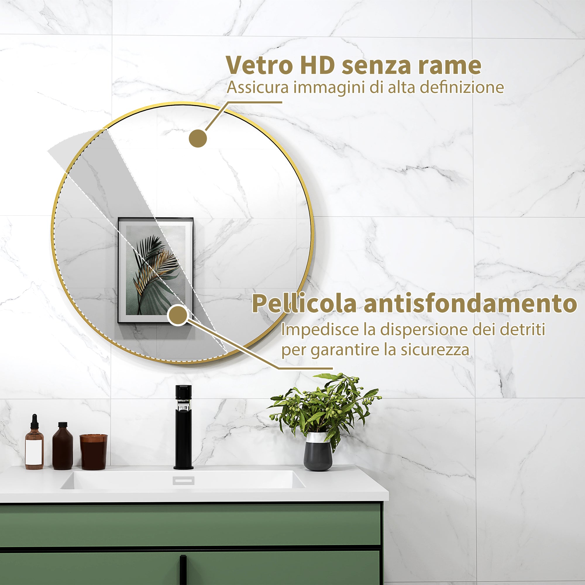 Round Bathroom Mirror with Shockproof Surface, Glass and Steel, Ø70x2.5 cm, Gold Color