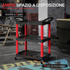 3-Tier Plastic Tool Cart with Handles and Wheels, Capacity 91 kg, 83x43x97 cm, Red