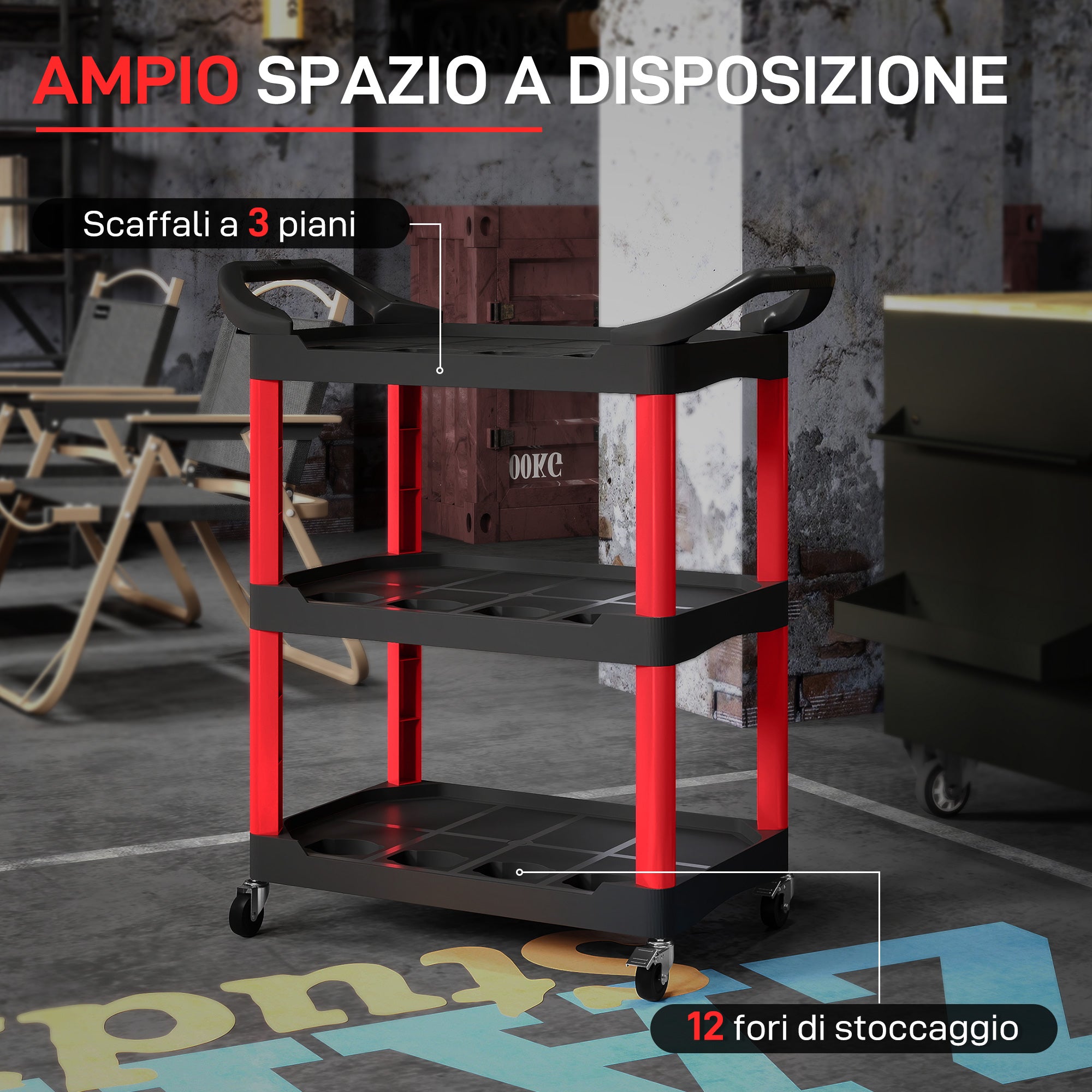 3-Tier Plastic Tool Cart with Handles and Wheels, Capacity 91 kg, 83x43x97 cm, Red