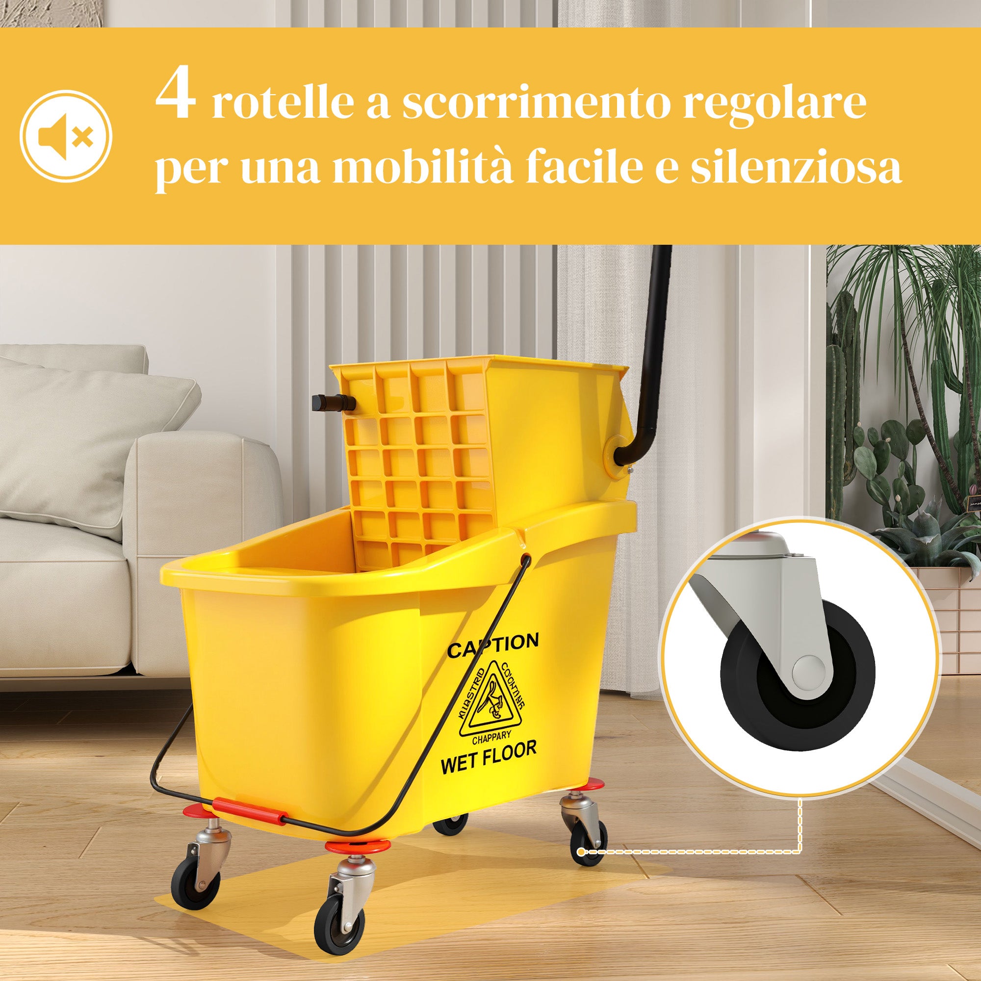 Professional 36L Mop Bucket with Mop, Wringer, Wheels and Handle, 55x37x65 cm, Yellow