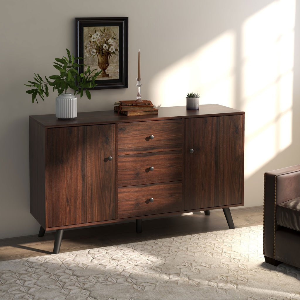 Modern Sideboard in Wood and Chipboard with 2 Cabinets and 3 Drawers, 127x40x76 cm, Brown and Black