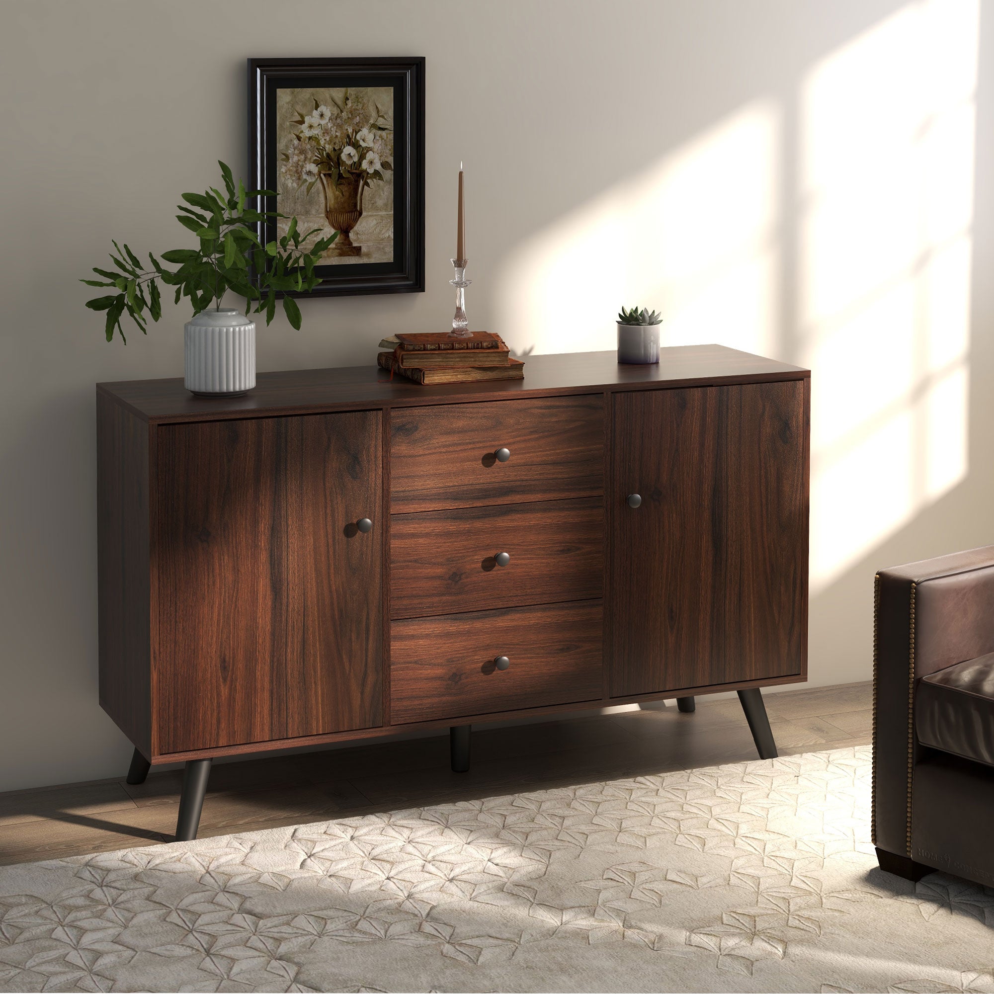 Modern Sideboard in Wood and Chipboard with 2 Cabinets and 3 Drawers, 127x40x76 cm, Brown and Black
