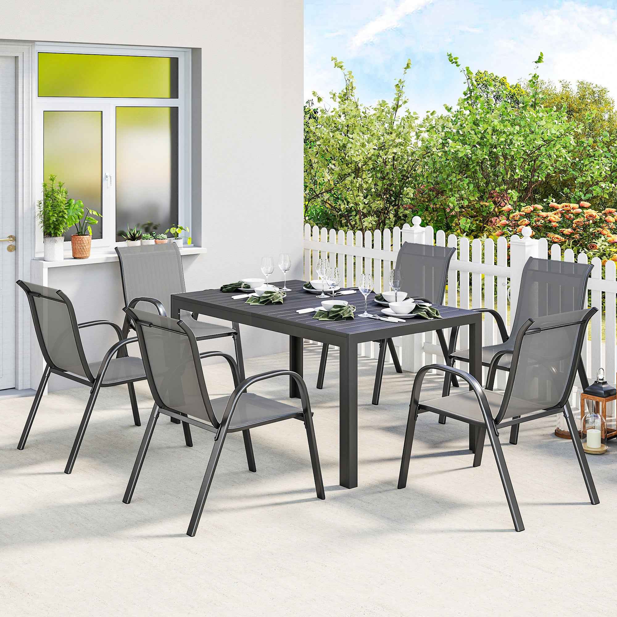 Outsunny Steel Outdoor Set with Rectangular Table and 6 Stackable Texteline Chairs, Light Grey