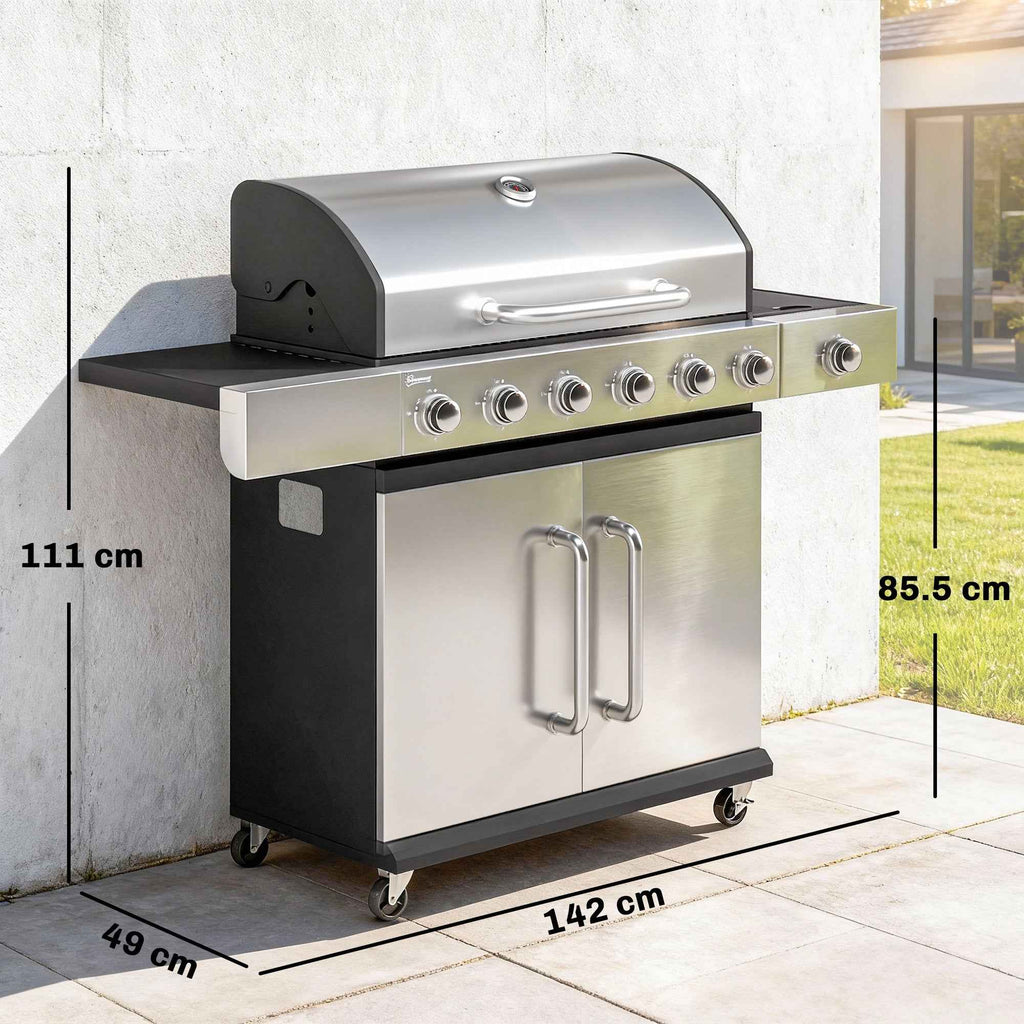 Outsunny Gas Barbecue, 6 Burners, Side Burner, Cast Iron Grill, Cabinet Included.