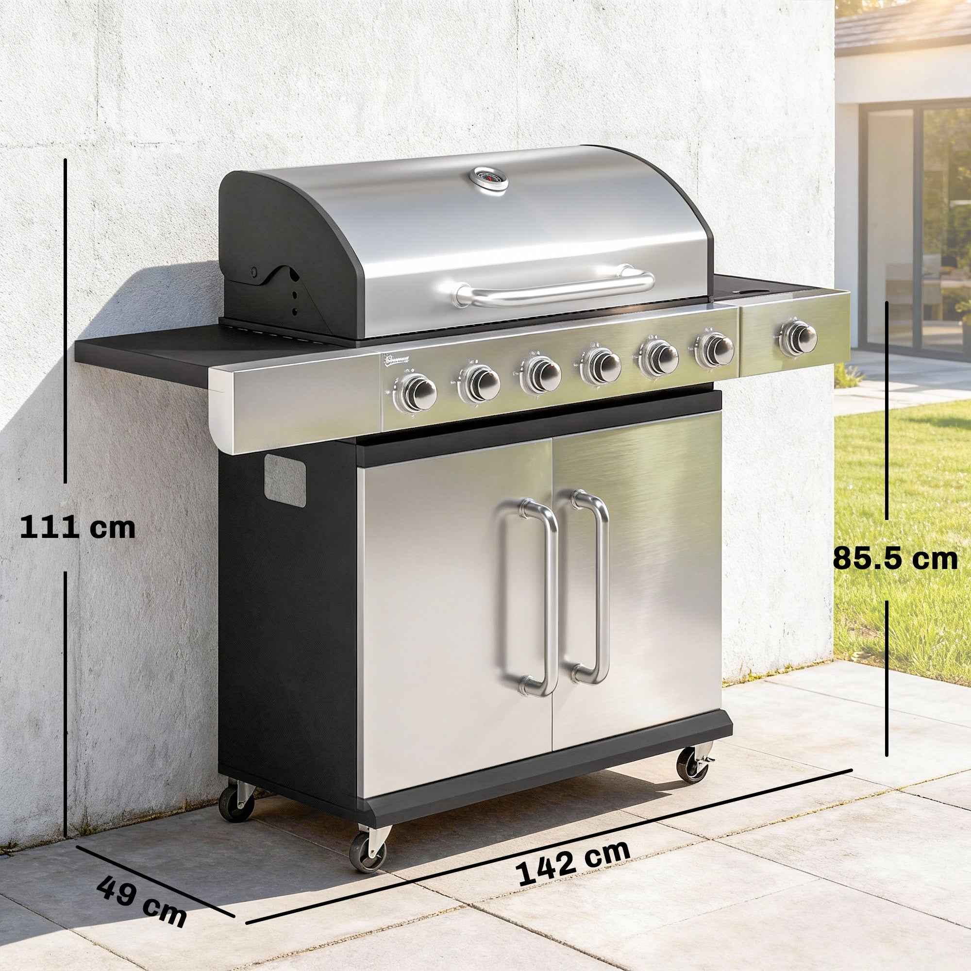 Outsunny Gas Barbecue, 6 Burners, Side Burner, Cast Iron Grill, Cabinet Included.