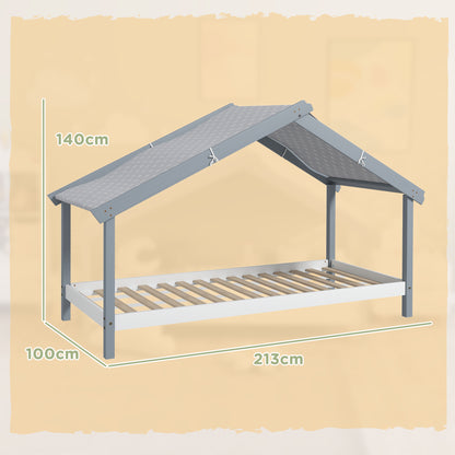 Slatted Pine Wood House Bed with Fabric Starry Roof, 213x100x140 cm, Grey