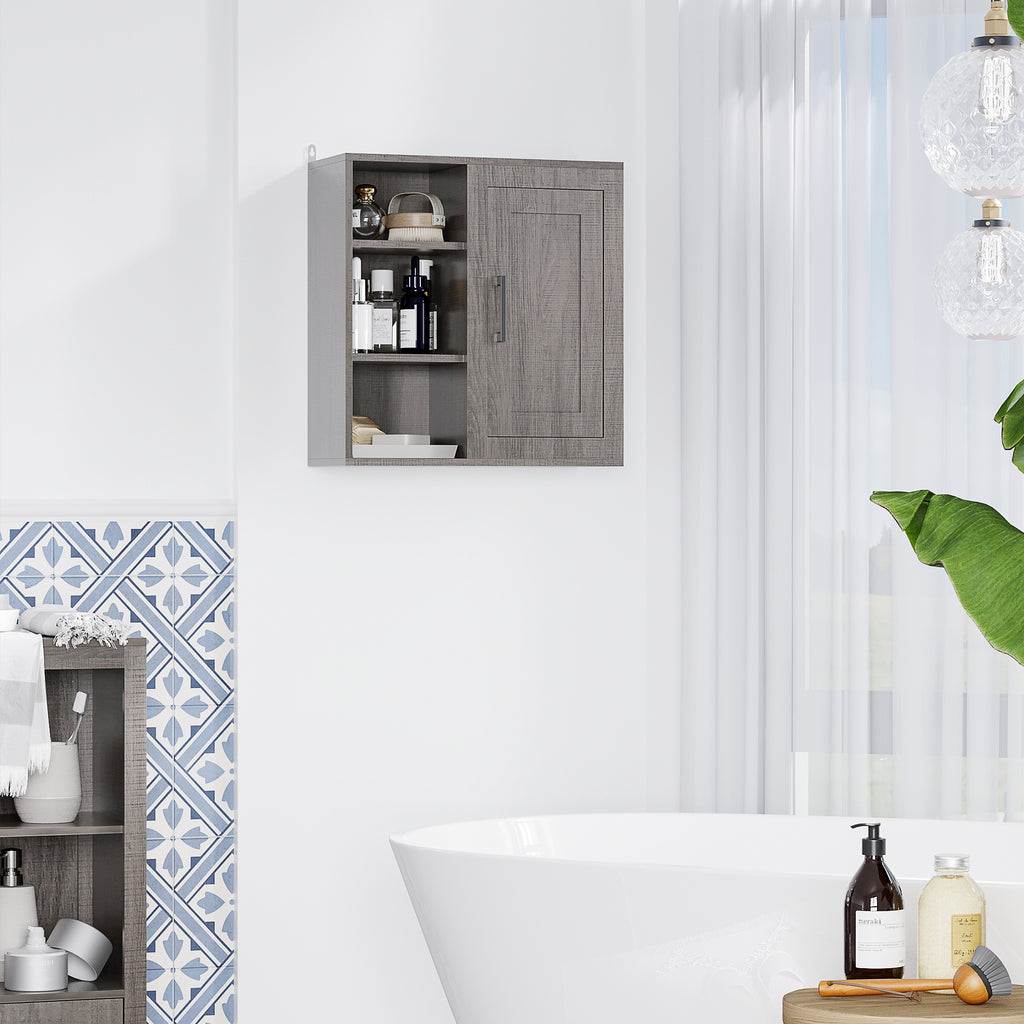 kleankin Bathroom Wall Unit with 3 Open Shelves and Chipboard Cabinet, 48x20x50cm, Gray - Borgè