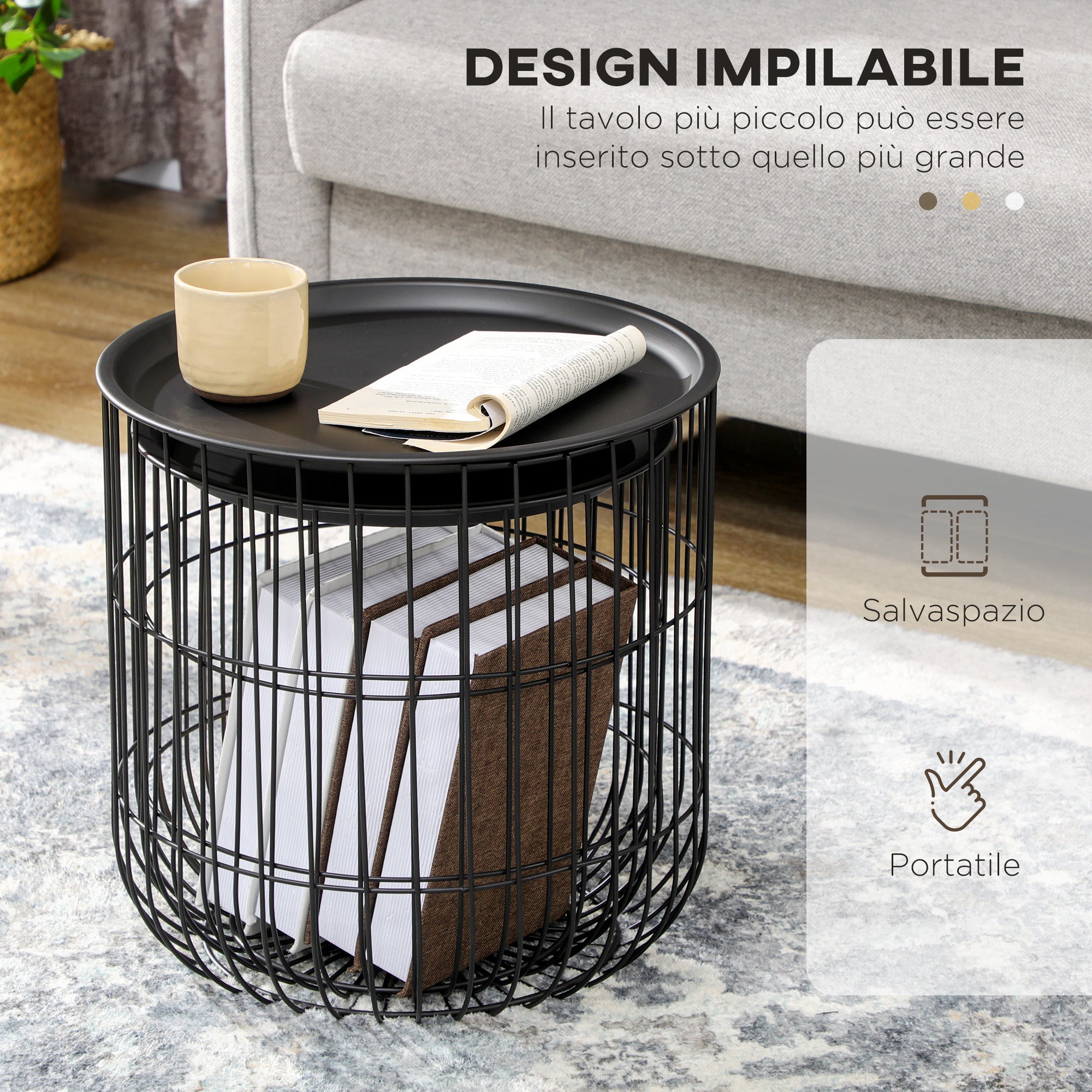 Homcom Set 2 Tavolini di Living Rooms Retondi steel with container compartment, black - Borgè
