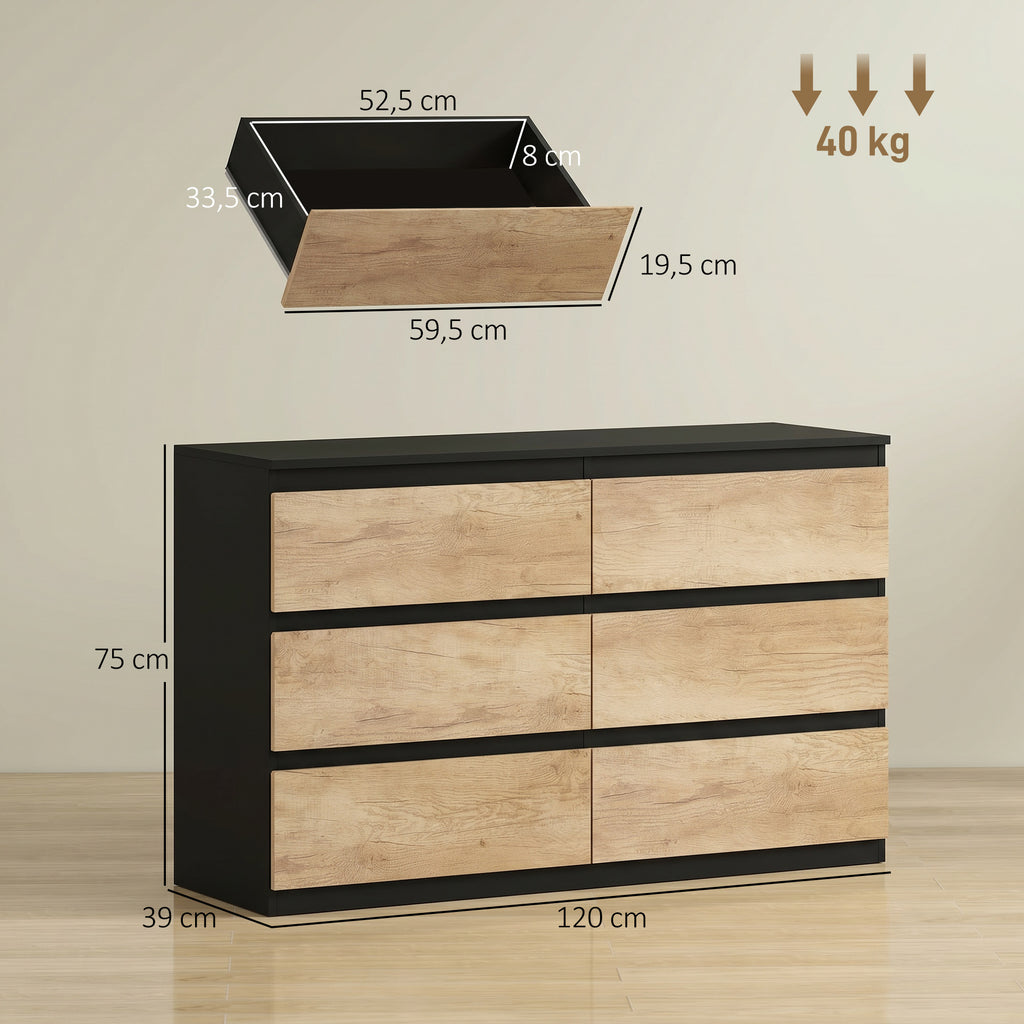 HOMCOM 6-Drawer Wooden Bedroom Chest, 120x39x75 cm, Black and Oak