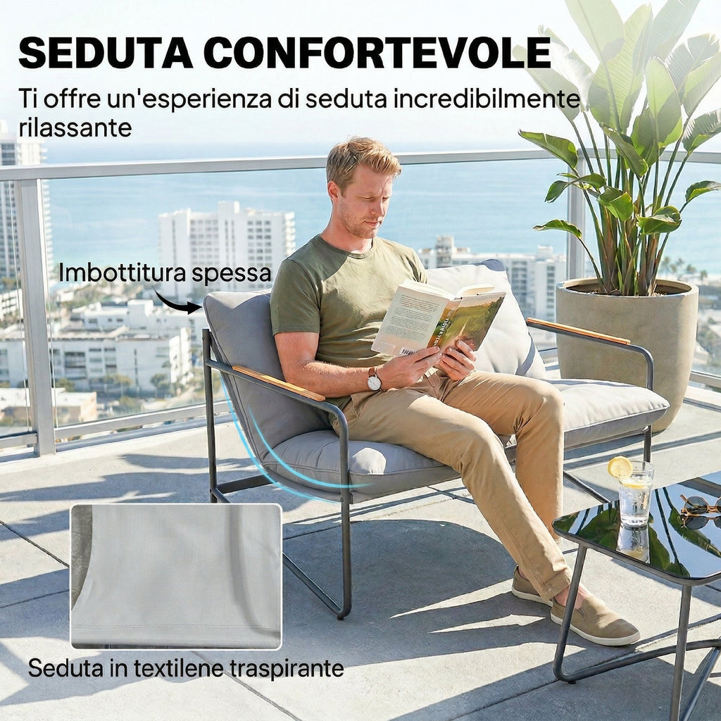 Outsunny 4-Seater Garden Lounge Set with 2-Seater Sofa and 2 Armchairs with Cushions, Light Grey