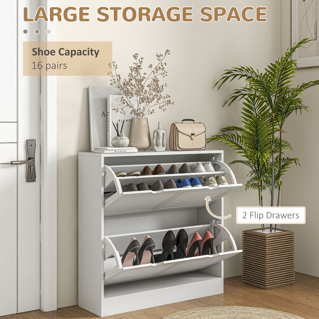 HOMCOM Mobile Space-Saving Wooden Shoe Rack for 16 Pairs of Shoes with 2 Flap Doors, 81.5x25x83cm, White - Borgè