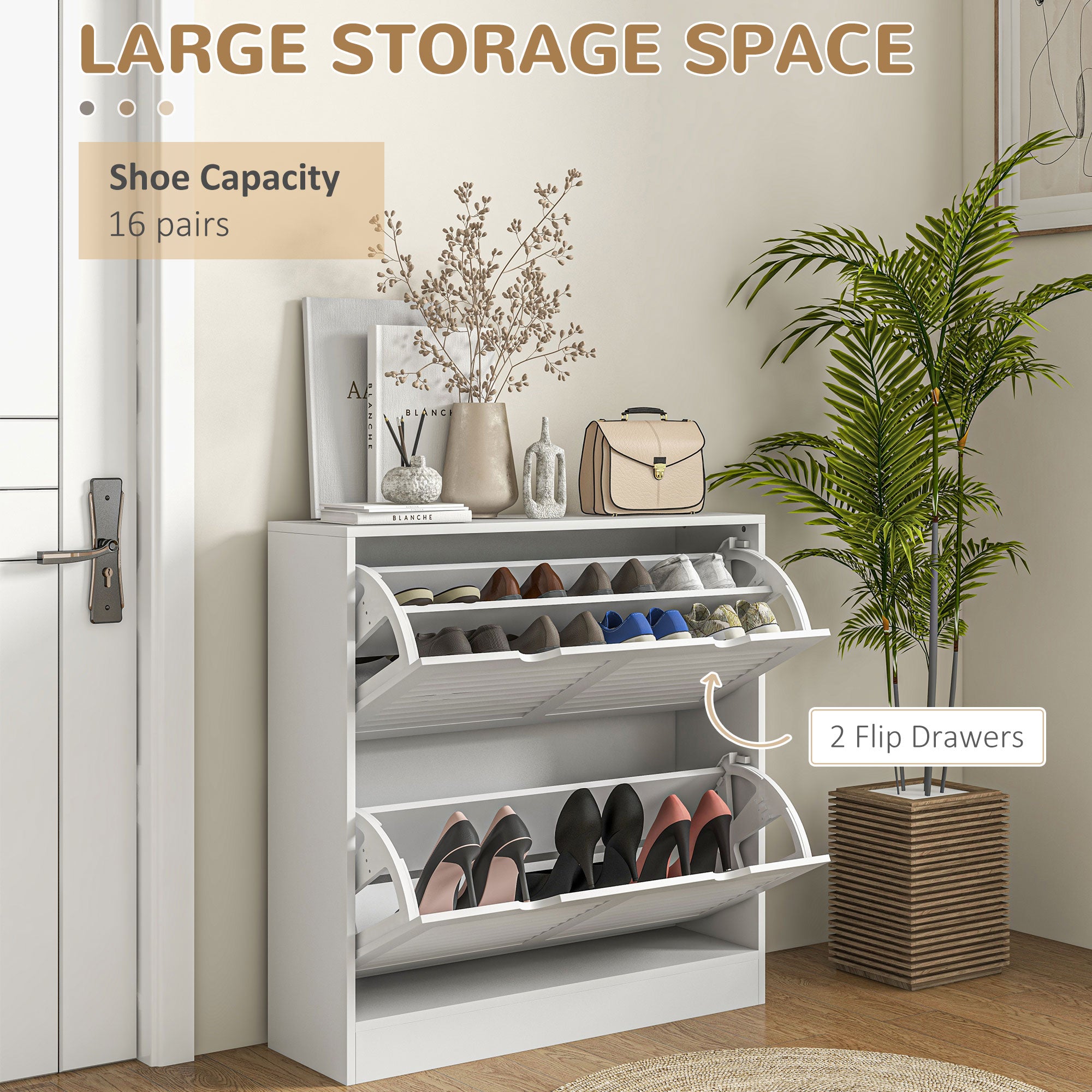 HOMCOM Mobile Space-Saving Wooden Shoe Rack for 16 Pairs of Shoes with 2 Flap Doors, 81.5x25x83cm, White - Borgè