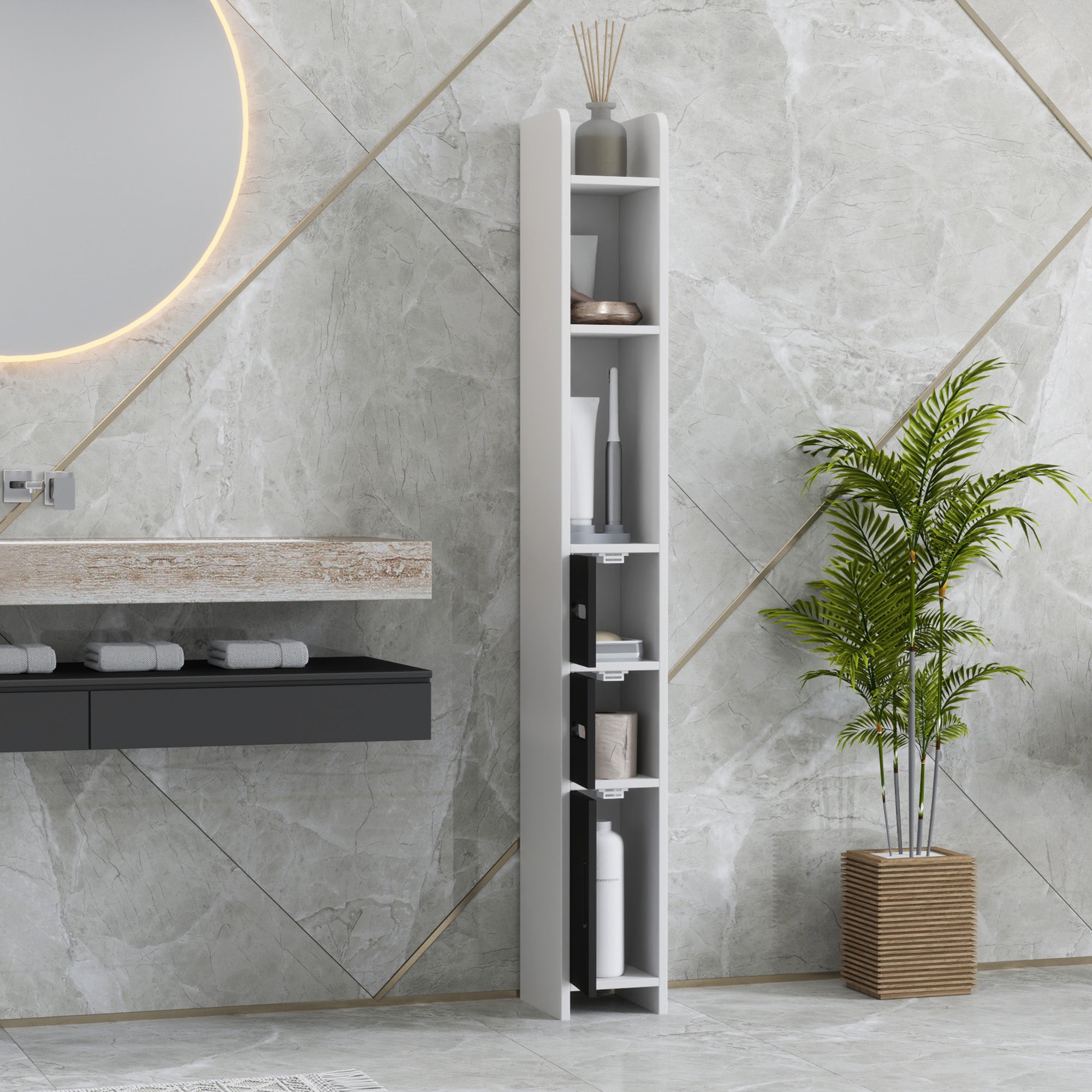 kleankin Bathroom Column with 3 Shelves and 3 Cabinets, Wooden, 15x17x120 cm, Black and White