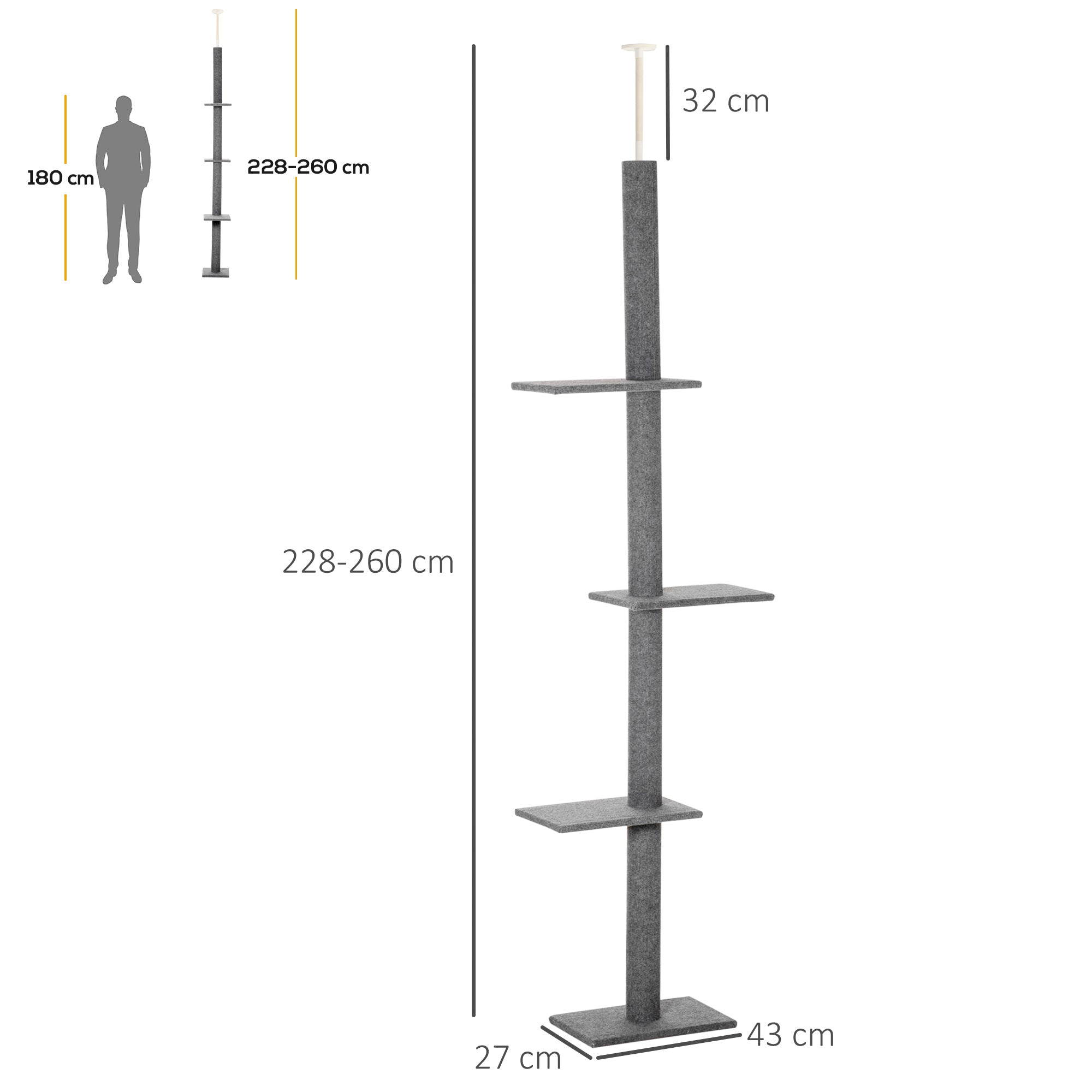 4-Tier Cat Scratching Tree with Adjustable Height, Grey, 43x27x228-260cm