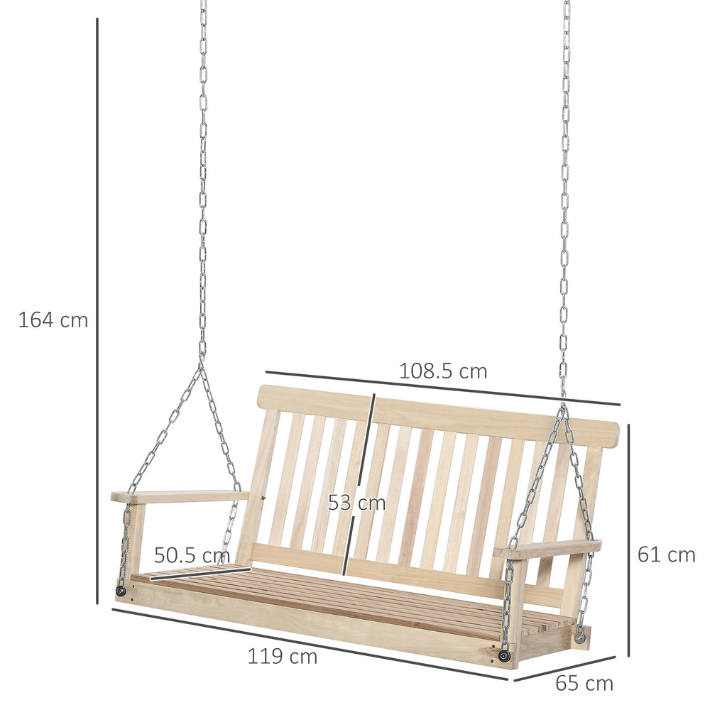 2-Person Outdoor Hanging Swing in Wood and Metal Chains, Natural Color 119x65x61cm