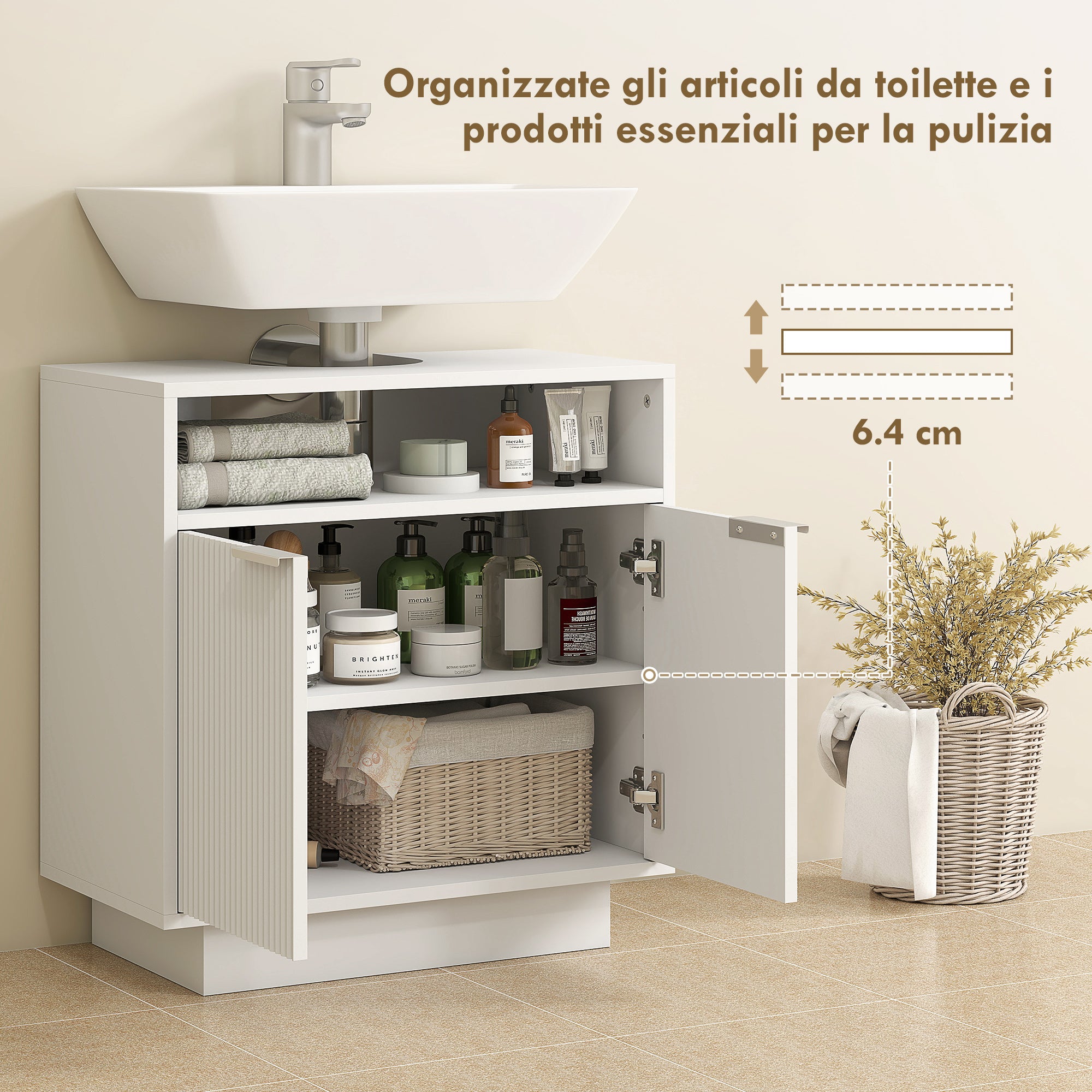 Under Sink Bathroom Cabinet with Adjustable Internal Shelf and Open Shelf, Wooden, 60x33x63 cm, White