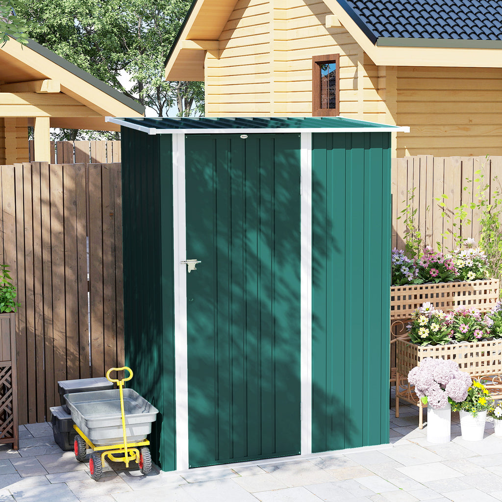 Outsunny Metal Tool Shed with Sloped Roof and Lockable Door, 142x86x189 cm, Green