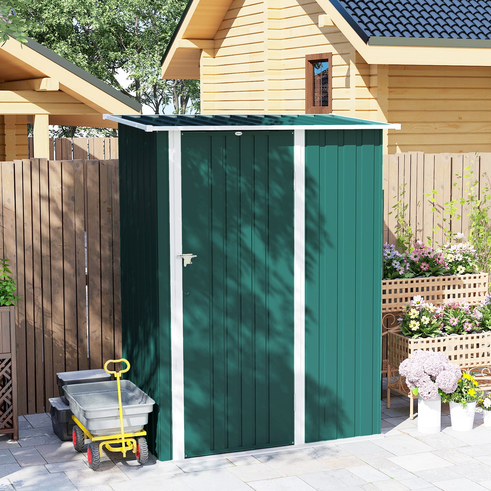 Outsunny Metal Tool Shed with Sloped Roof and Lockable Door, 142x86x189 cm, Green