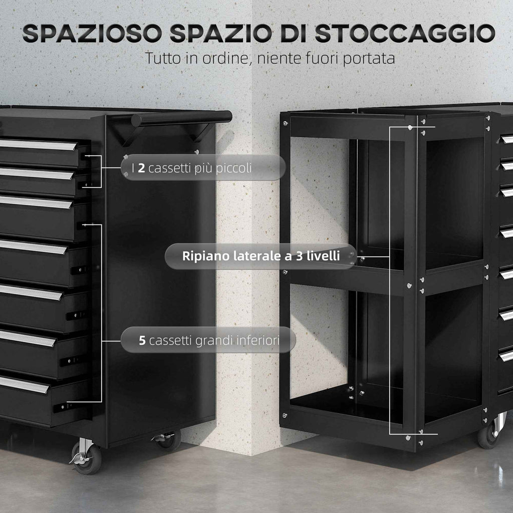 HOMCOM Steel Tool Cart with 7 Drawers, Detachable Side Shelf, Wheels, 120kg Capacity, Black