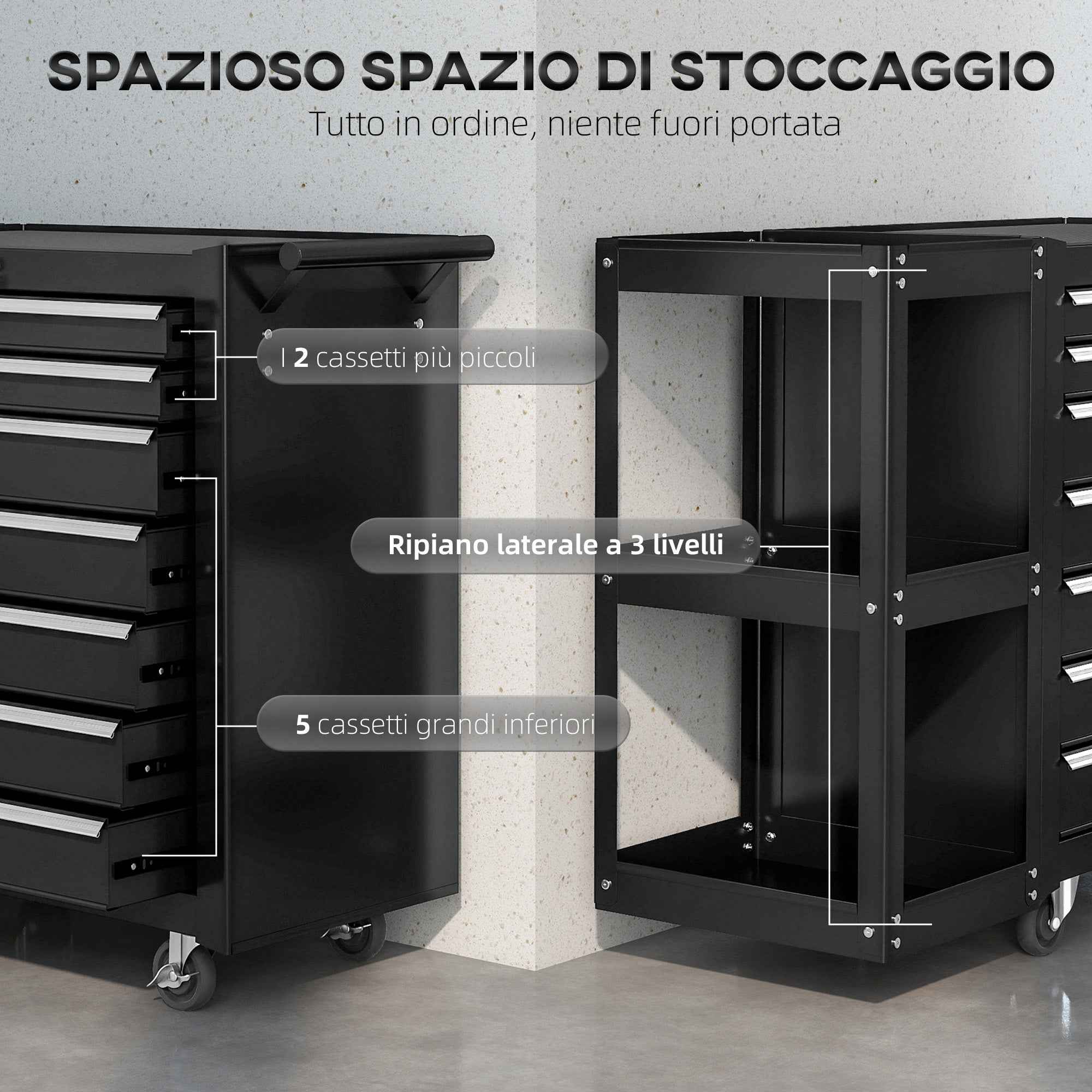 HOMCOM Steel Tool Cart with 7 Drawers, Detachable Side Shelf, Wheels, 120kg Capacity, Black