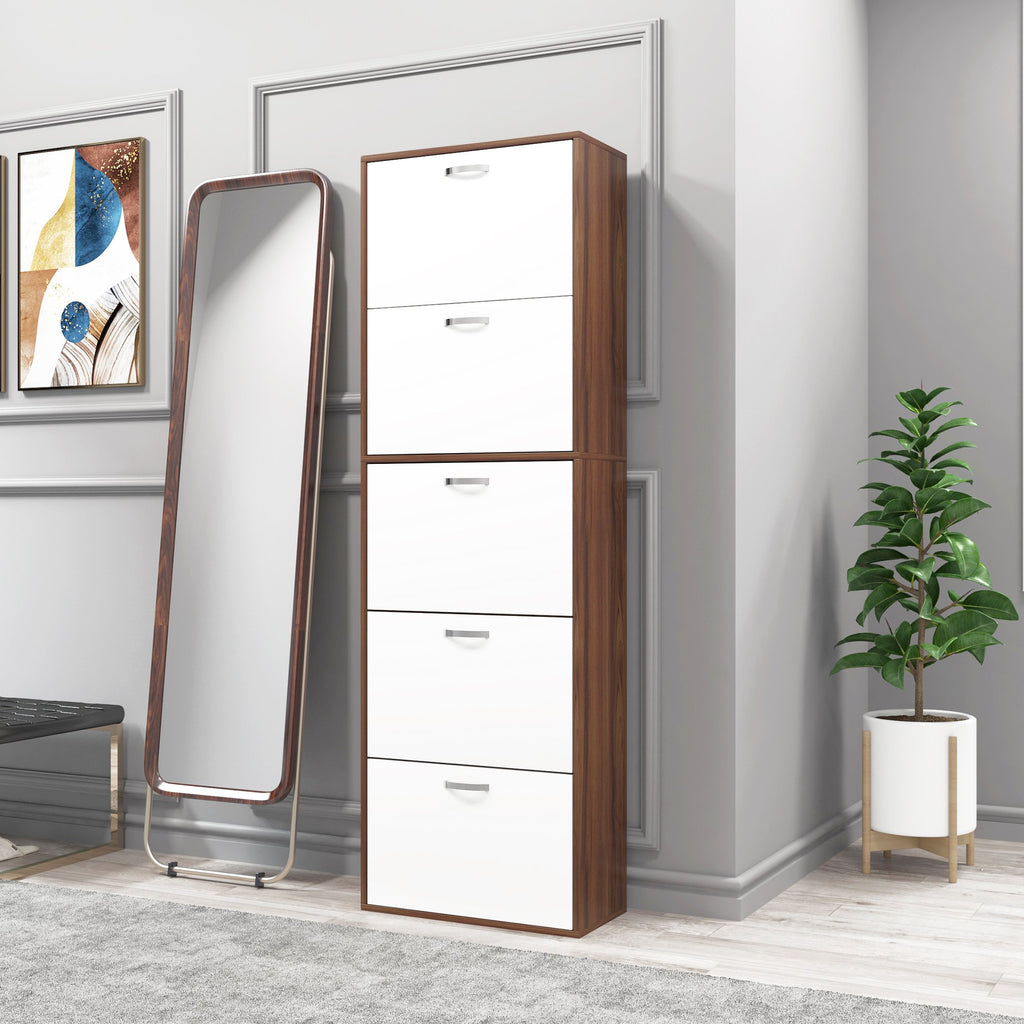 Slim 5-Tier Shoe Rack with 2 Shelves per Level, in MDF, 60x28x189 cm, White and Brown - Borgè