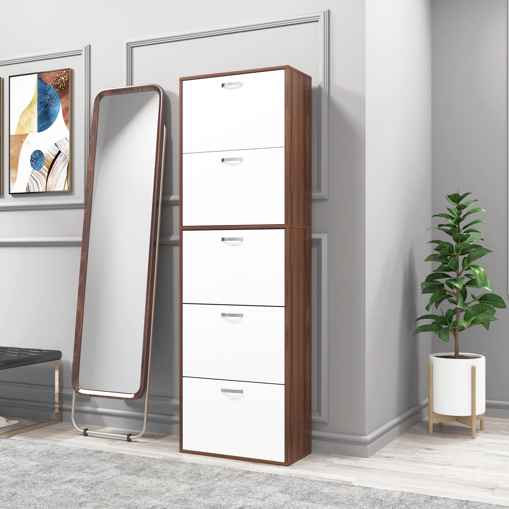 Slim 5-Tier Shoe Rack with 2 Shelves per Level, in MDF, 60x28x189 cm, White and Brown - Borgè