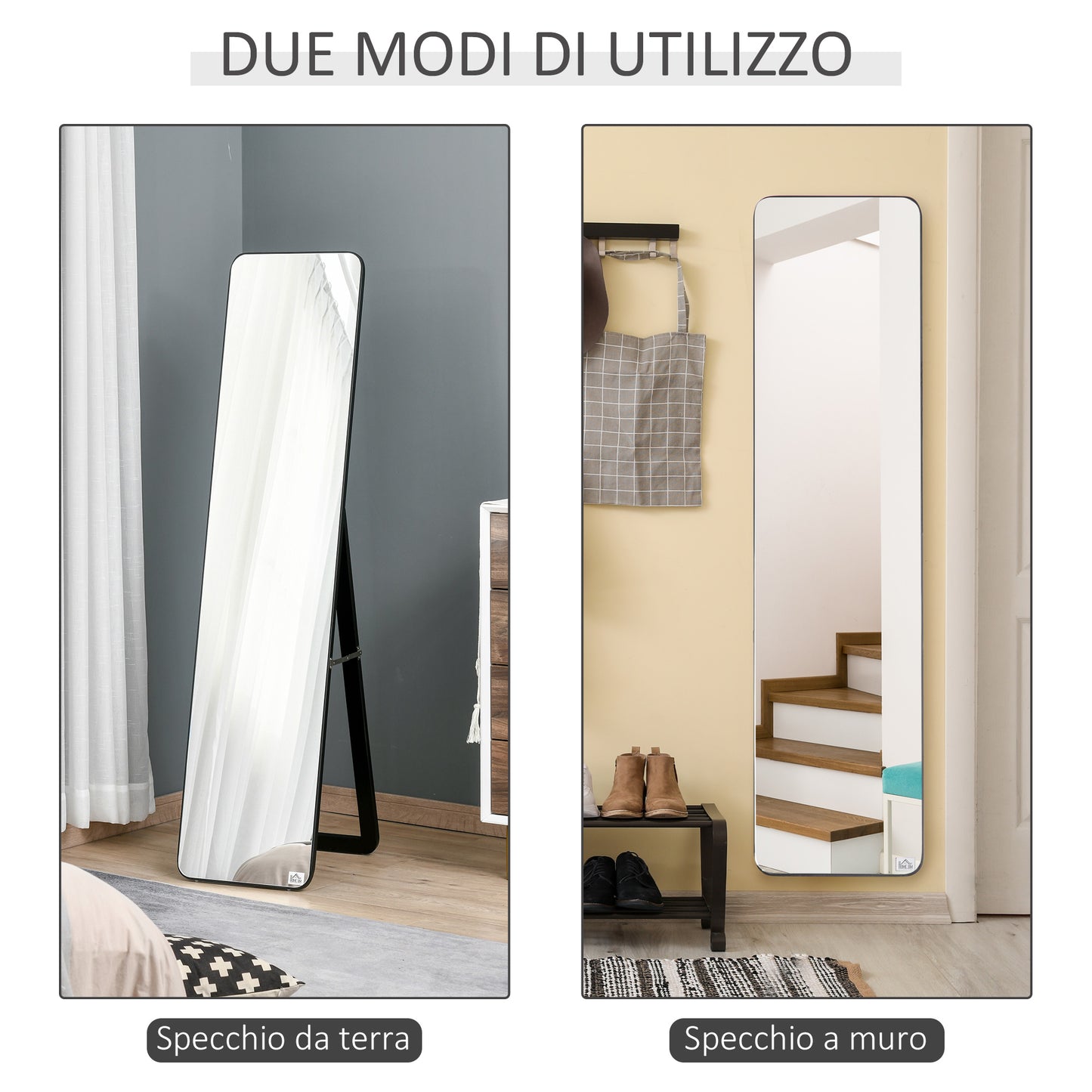 Floor and Wall Mirror with Wooden Structure and Folding Support, 37x43x156cm, Black