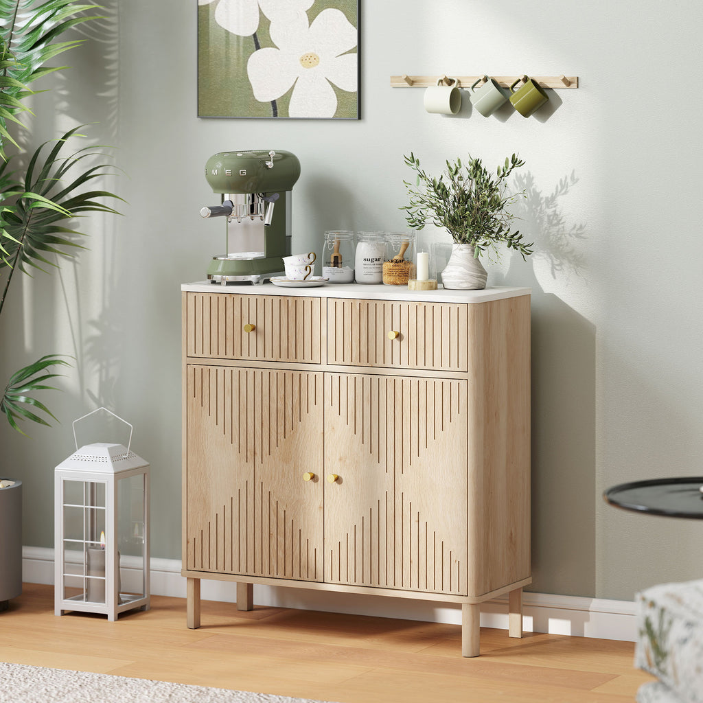 Wooden Sideboard with 2 Drawers, Cabinet and Marble Effect Top, 77x30x80 cm, Oak Color