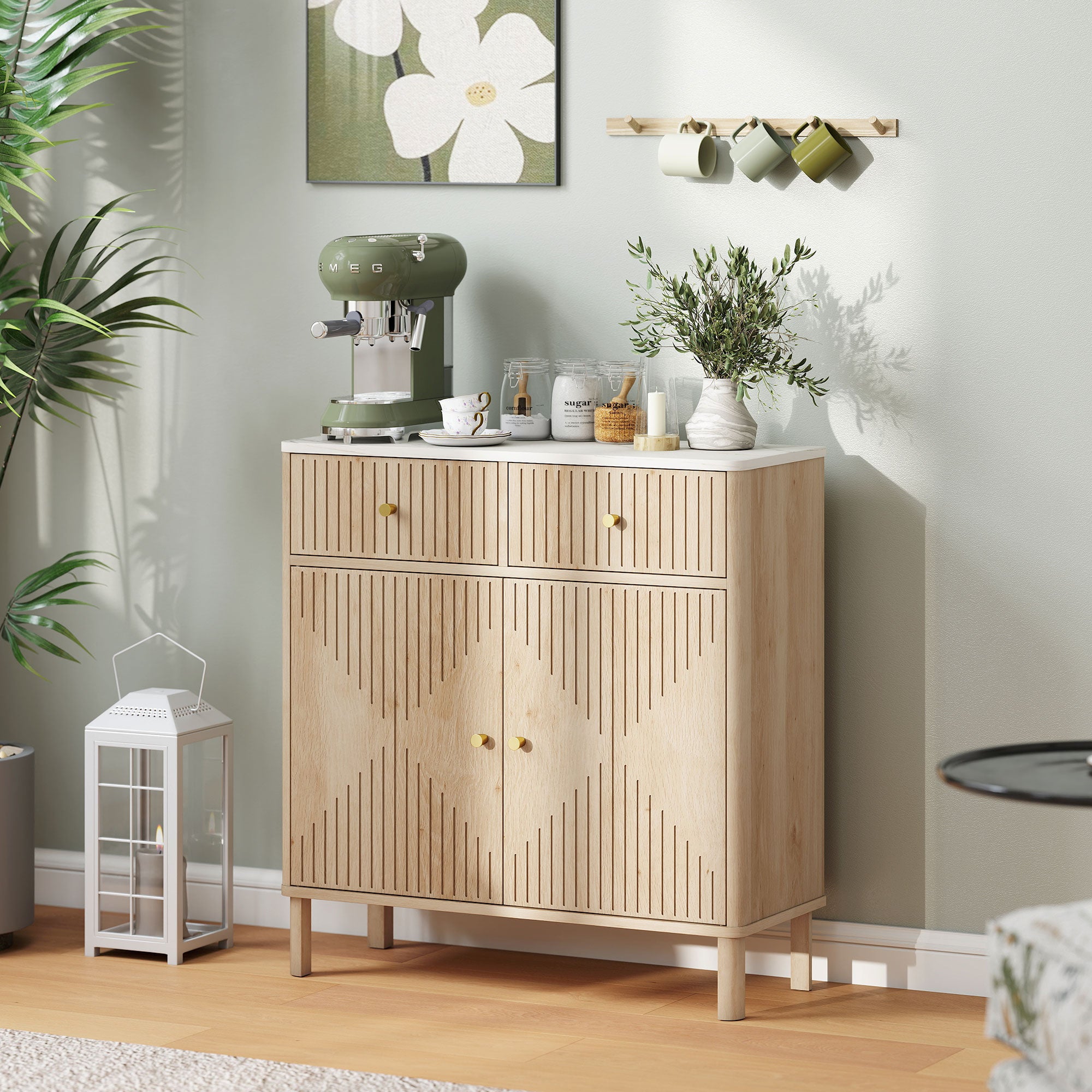 Wooden Sideboard with 2 Drawers, Cabinet and Marble Effect Top, 77x30x80 cm, Oak Color