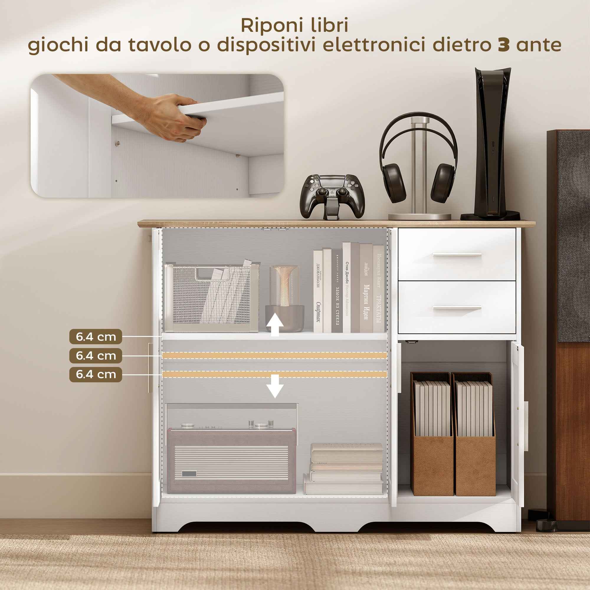 Modern Wooden Sideboard with 2 Drawers and 2 Cabinets, 100x40x78 cm, White and Wood Color