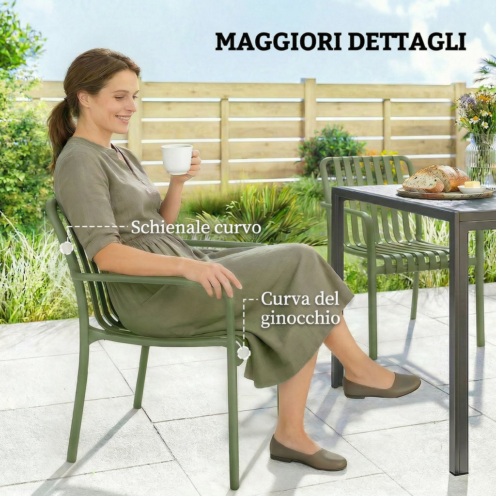 Outsunny Set of 4 Stackable Patio Chairs, Outdoor Dining Chairs with Curved Backrest, Slatted Seat and Armrests