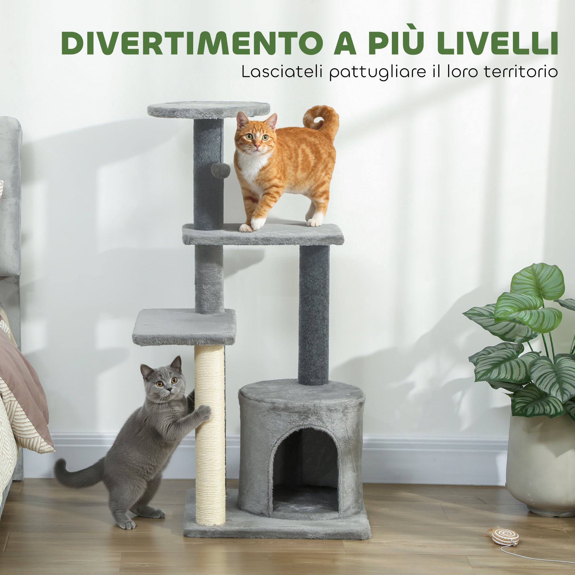 103cm Multi-Level Cat Tree with Sisal Scratching Posts, Playhouse and Plush Ball, Grey