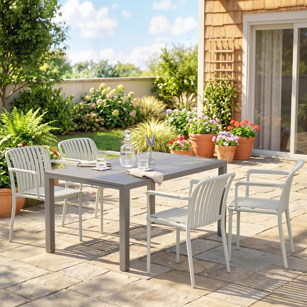 Outsunny Set of 4 Stackable Garden Chairs with Armrests, Plastic Slatted Design, Grey