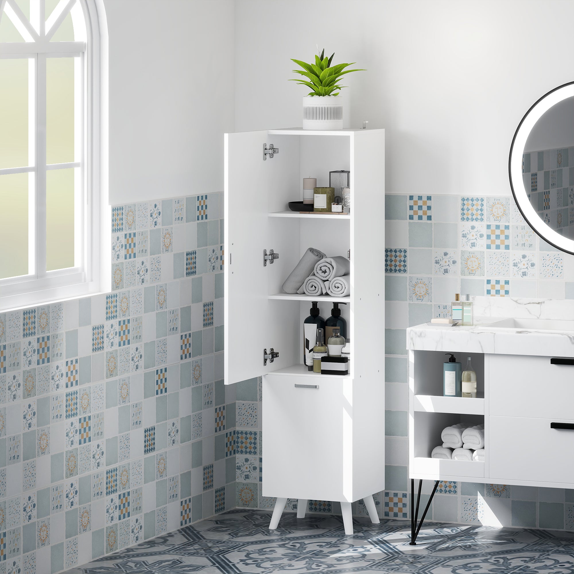 Bathroom Cabinet with 3 Shelves and Bottom Storage Space, Wooden, 35x31.5x144 cm, White