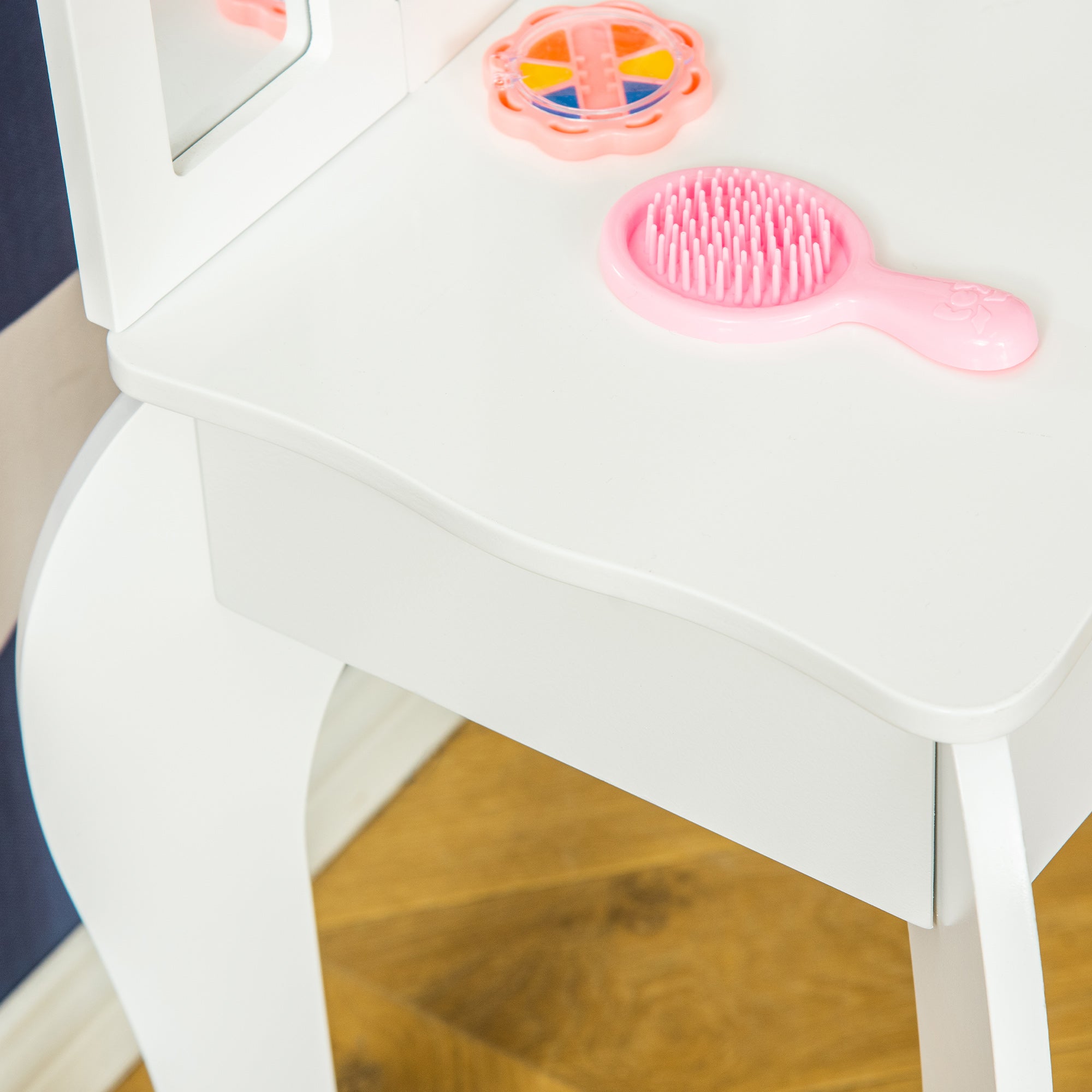 Children's Dressing Table with Stool and Triple Mirror, Wood and Acrylic, 63x40x85.5 cm, White