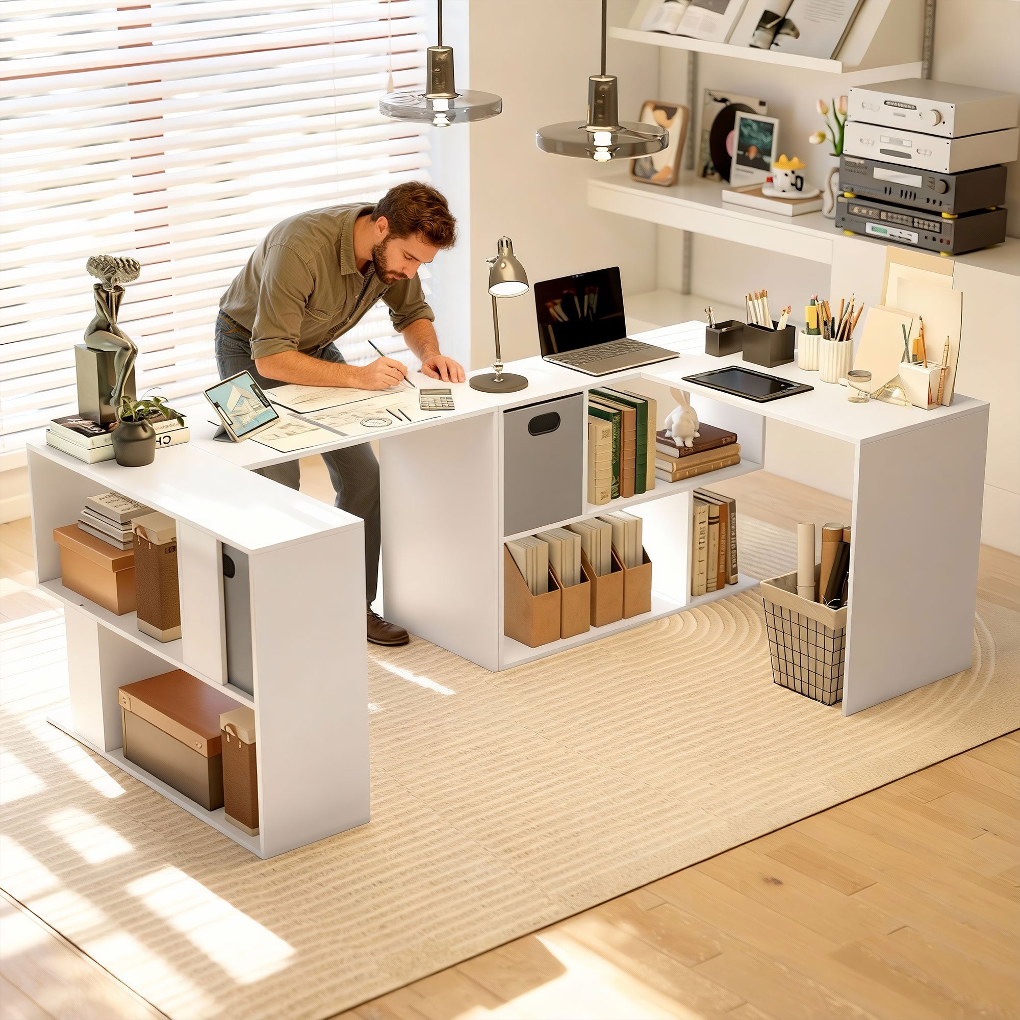 HOMCOM Modern Corner Desk with Shelf and Fabric Drawer, 110x100x75 cm, White