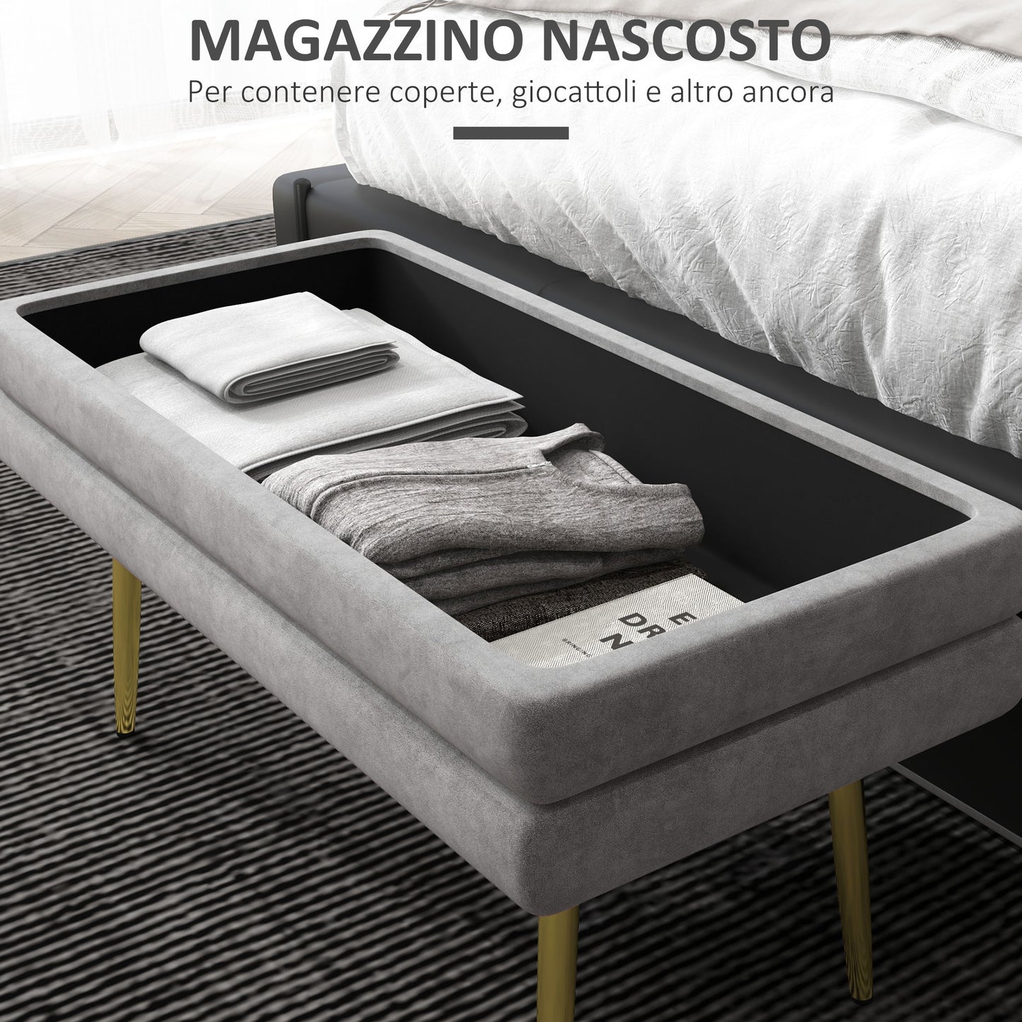 Bed Bottom Bench with Storage Space, in Steel and Polyester, 79.5x37.5x43 cm, Gray