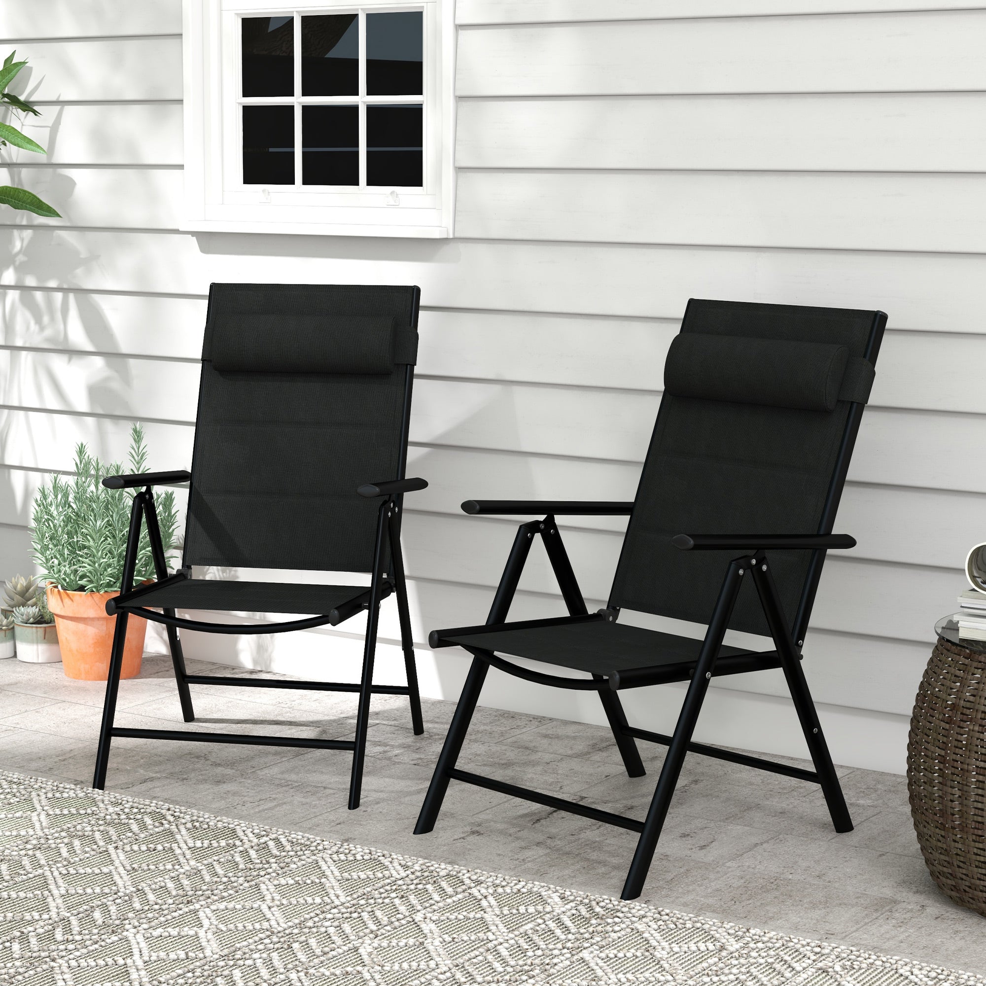 Outsunny set 2 folding chairs with reclining backrest and headrest, aluminum and polyester, 54x67x108 cm, black - Borgè