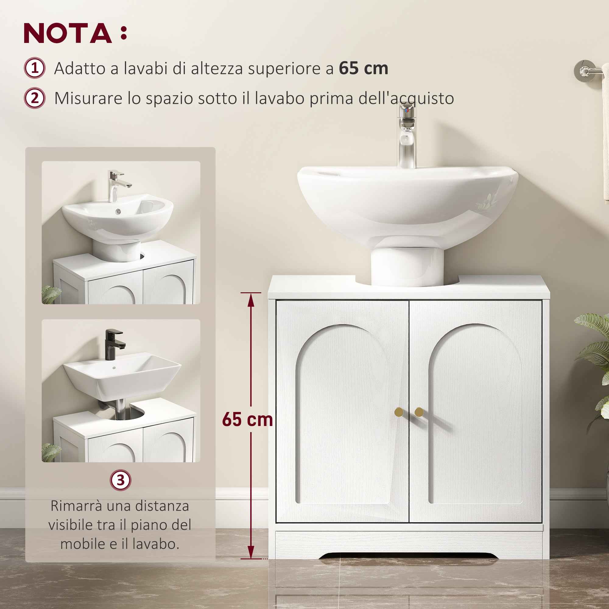 HOMCOM 2-Door Bathroom Vanity Unit with 3-Tier Adjustable Shelf, Wooden, 60x30x65 cm, White
