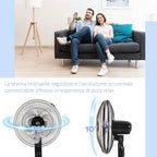 HOMCOM Pedestal Fan with Remote Control, Adjustable Height, 3 Speeds, Adjustable Tilt Angle, Metal, Black