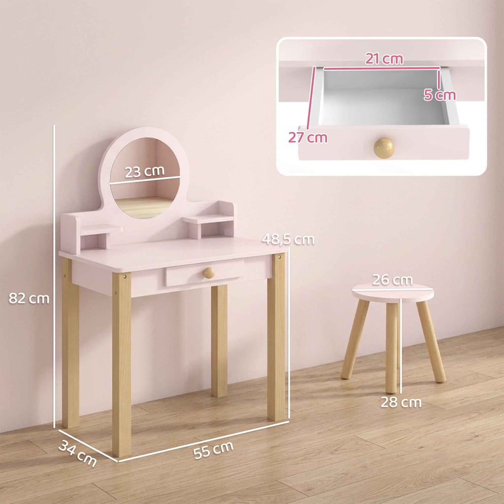 AIYAPLAY Girls' Dressing Table with Stool, Mirror, and Wooden Drawer, Ages 3-6, Pink
