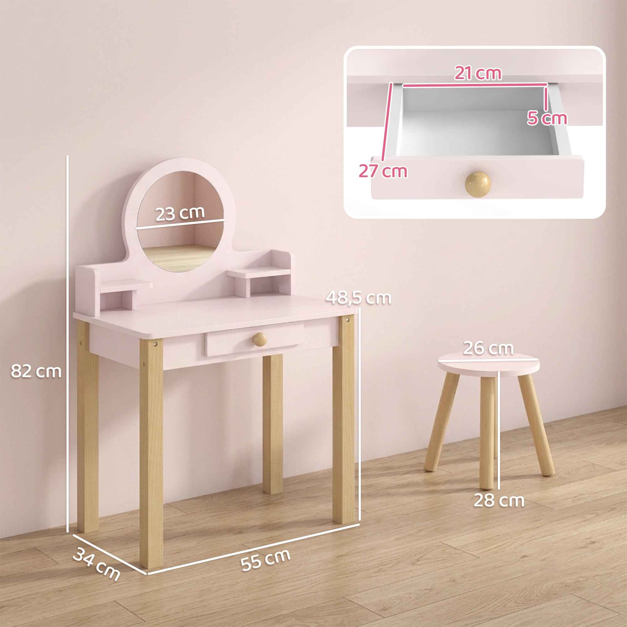 AIYAPLAY Girls' Dressing Table with Stool, Mirror, and Wooden Drawer, Ages 3-6, Pink