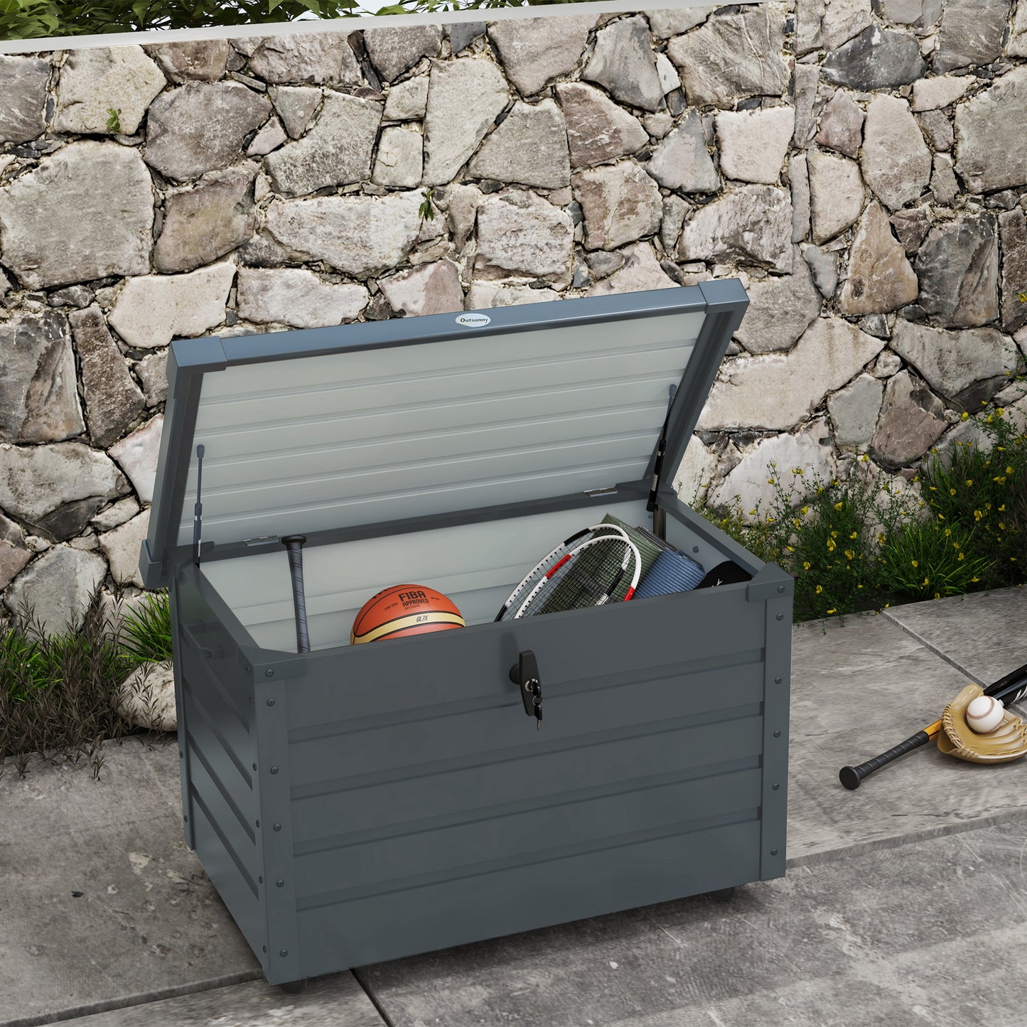 Outdoor Trunk 295L with Lock and 2 Handles, in Galvanized Steel, 120x62x66 cm, Dark Gray