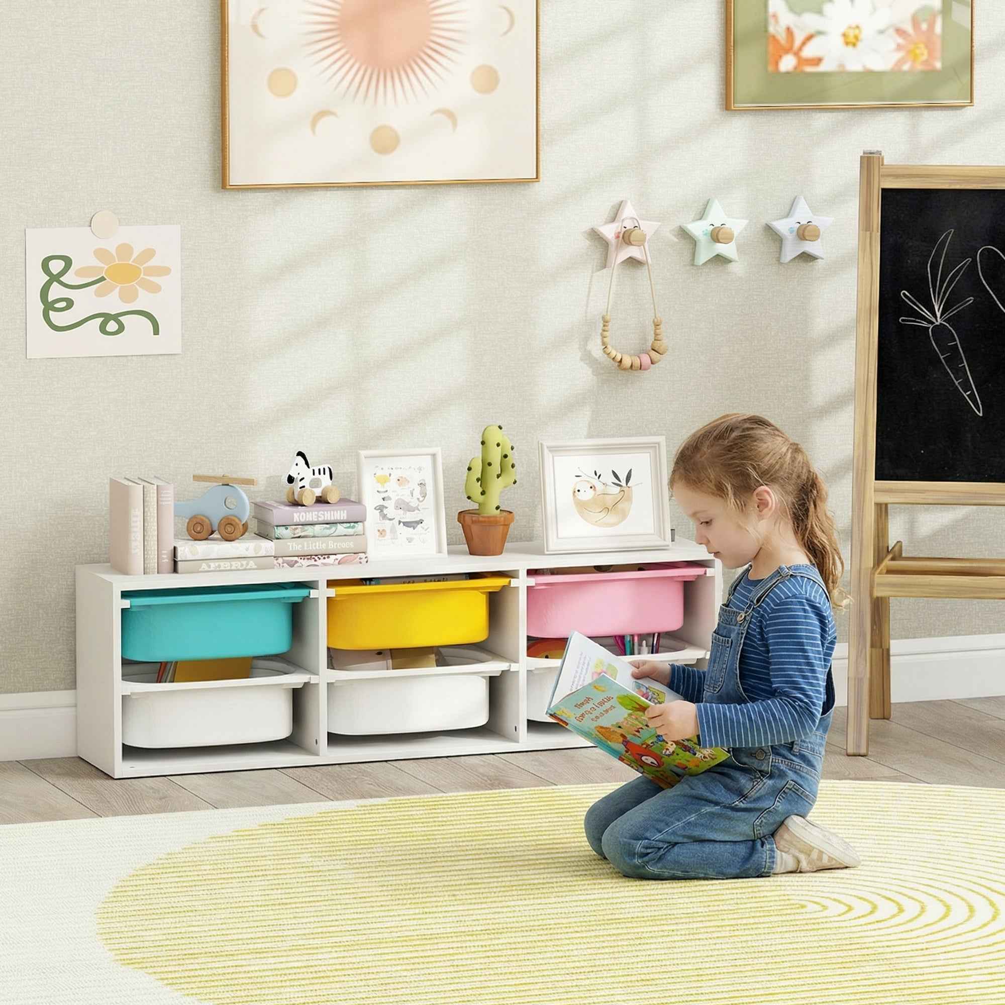 AIYAPLAY Children's Wooden Toy Storage Shelf with 6 Removable Plastic Bins, Multicolor