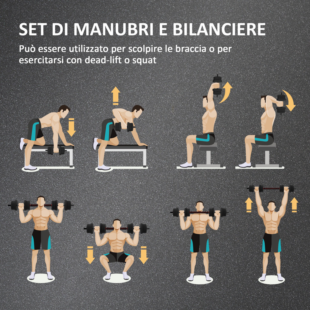 Set of 2 Non-Slip Dumbbells with 12 Weight Discs of 20 kg Total and Connector, in Steel, HDPE and Sand, Black