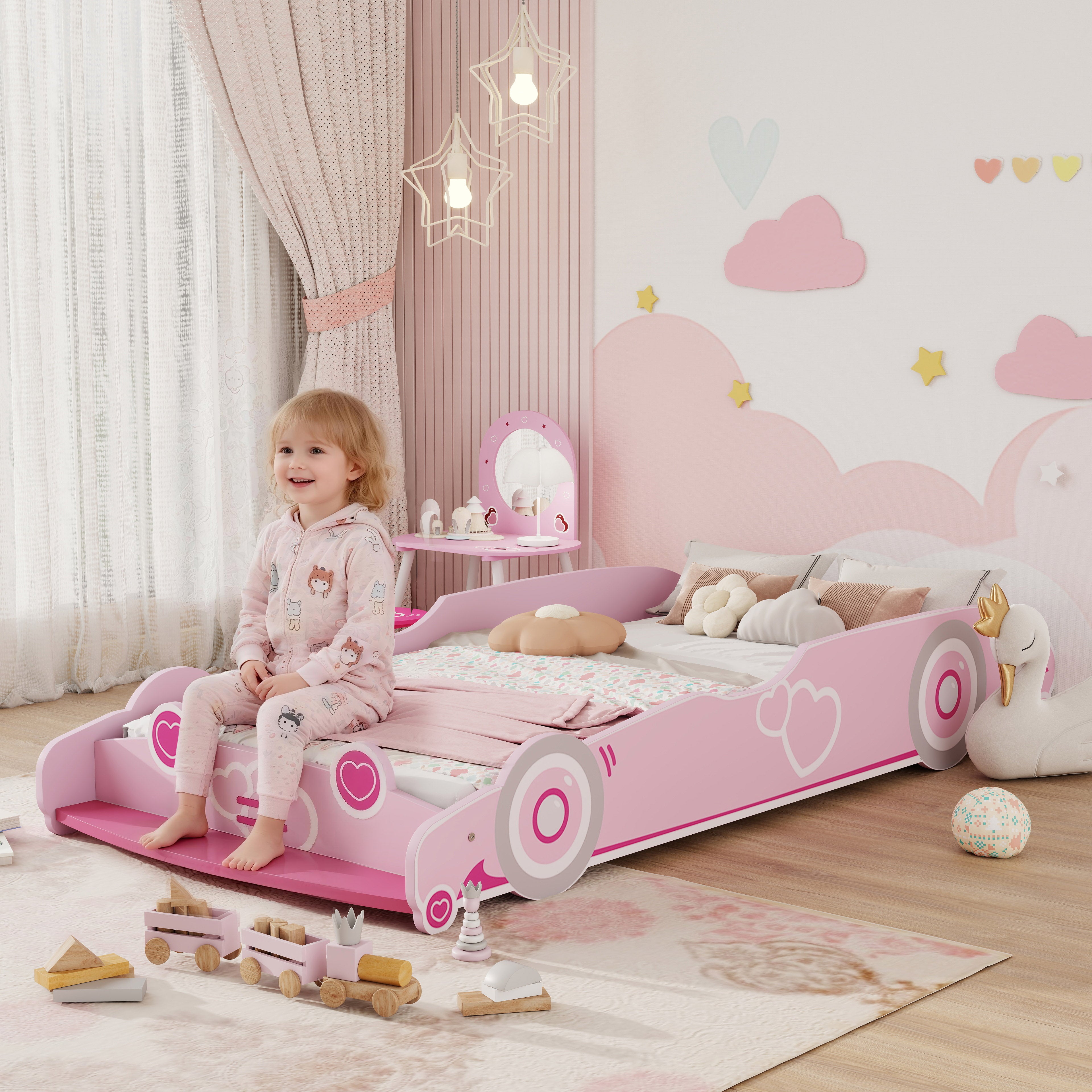 Car-Shaped Children's Bed with Raised Safety Sides for 3-5 Year Olds, 140x70 cm, Pink