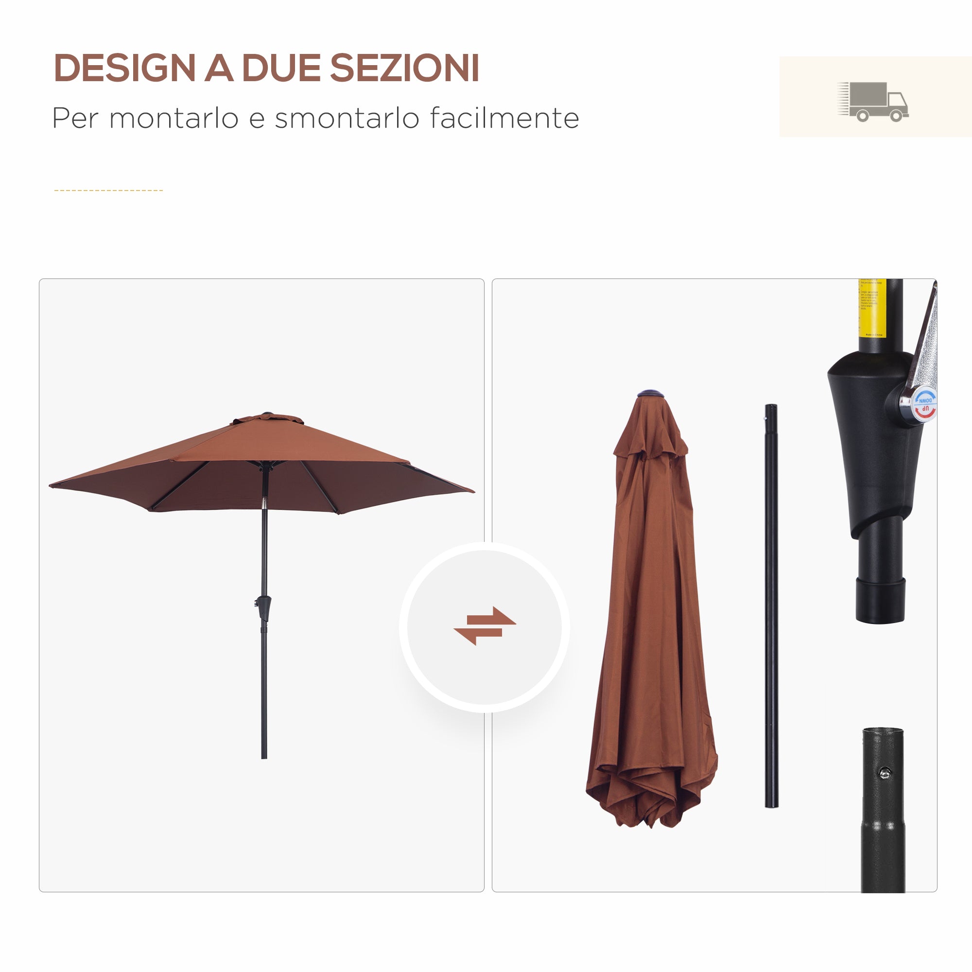 Tilting Garden Umbrella with Crank, in Aluminium, Metal and Polyester, Ø260x235 cm, Black and Coffee