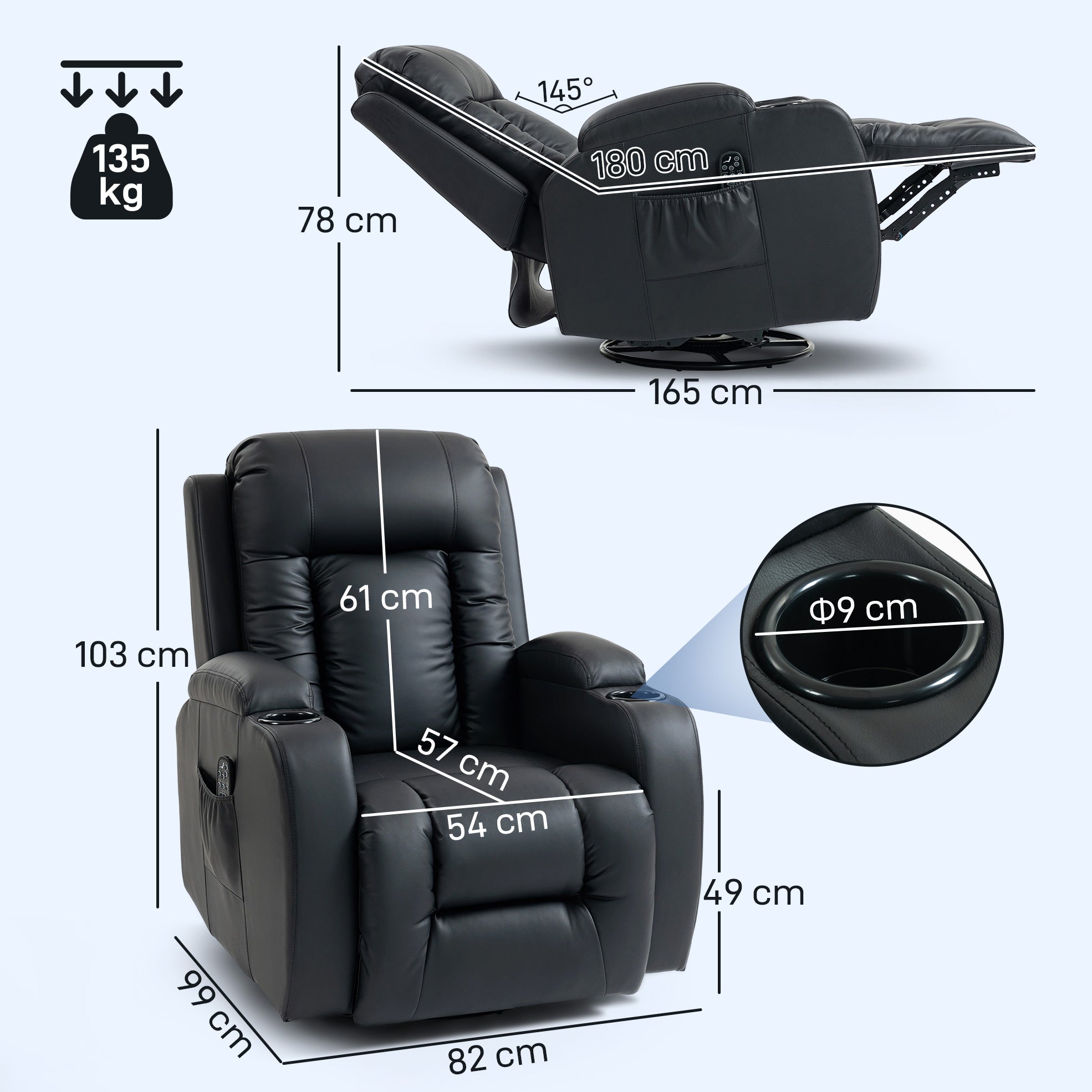Heated Massage Recliner, 8 Massage Points and 3 Modes with Remote Control, PU Leather, Black