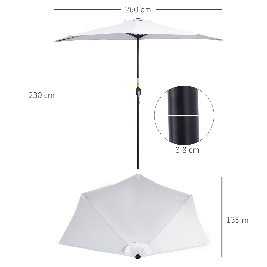 Crescent Moon Terrace Umbrella with Crank Opening and 2-Section Pole, 2.6x1.35 m, White