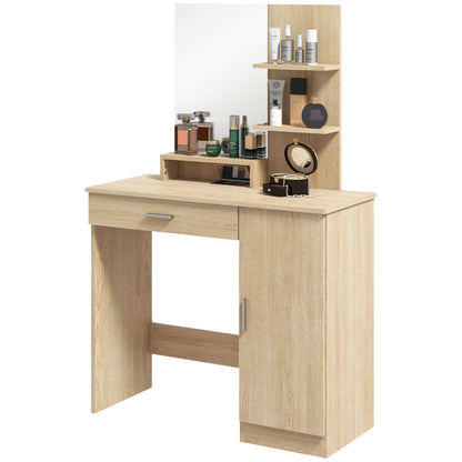 Makeup Table with Cabinet, Drawer, Open Shelves and Mirror, 90x38x138 cm